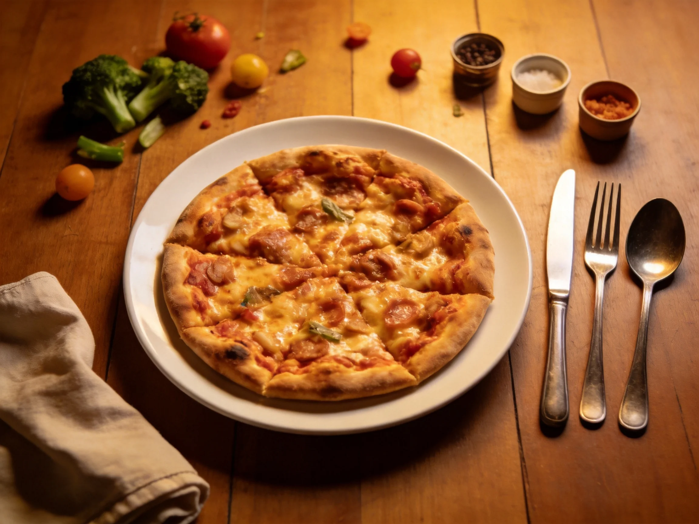 A golden-brown pizza on a white plate with fresh vegetables and utensils