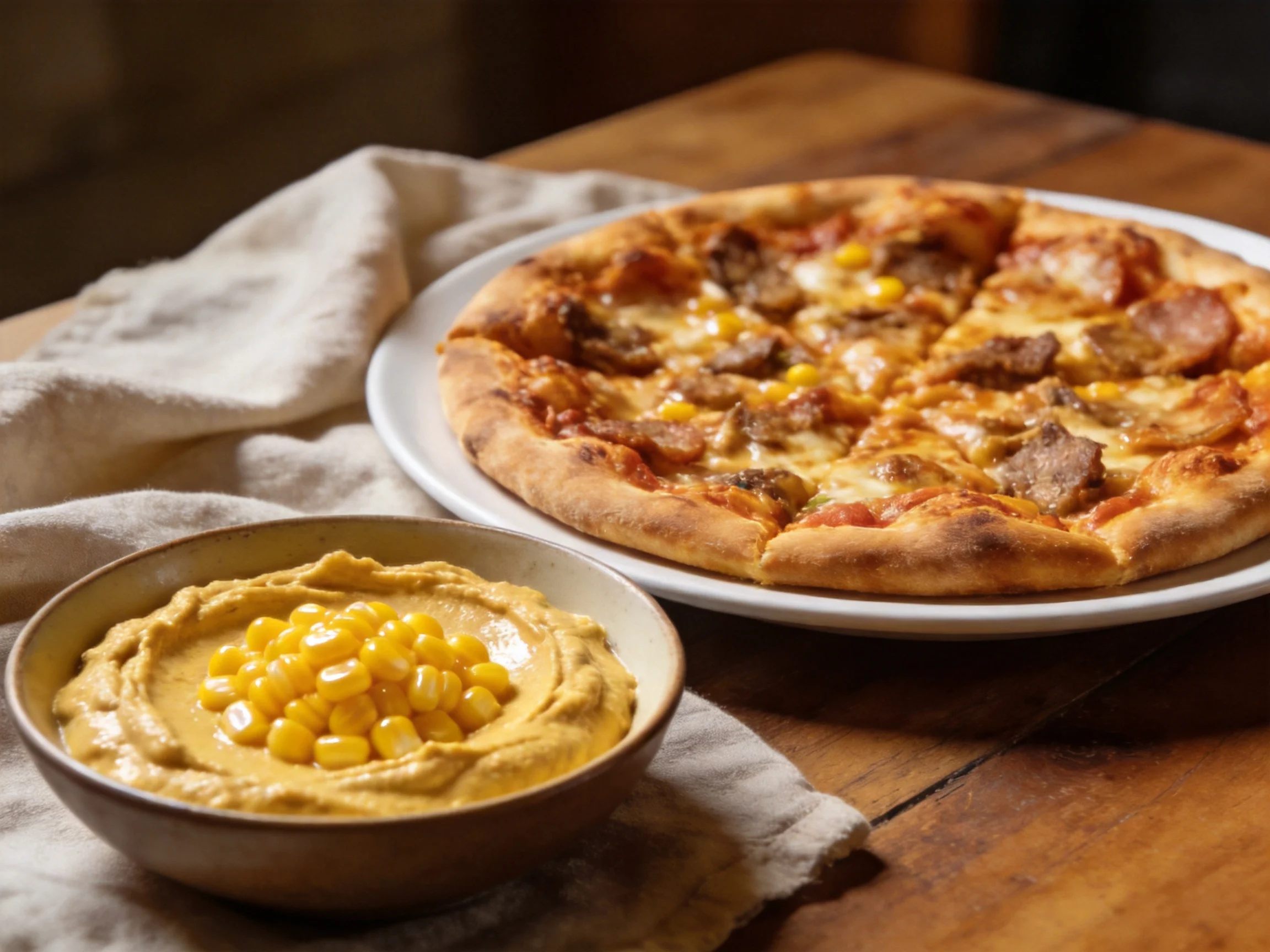 A golden-brown pizza sits beside a bowl of yellow hummus topped with corn
