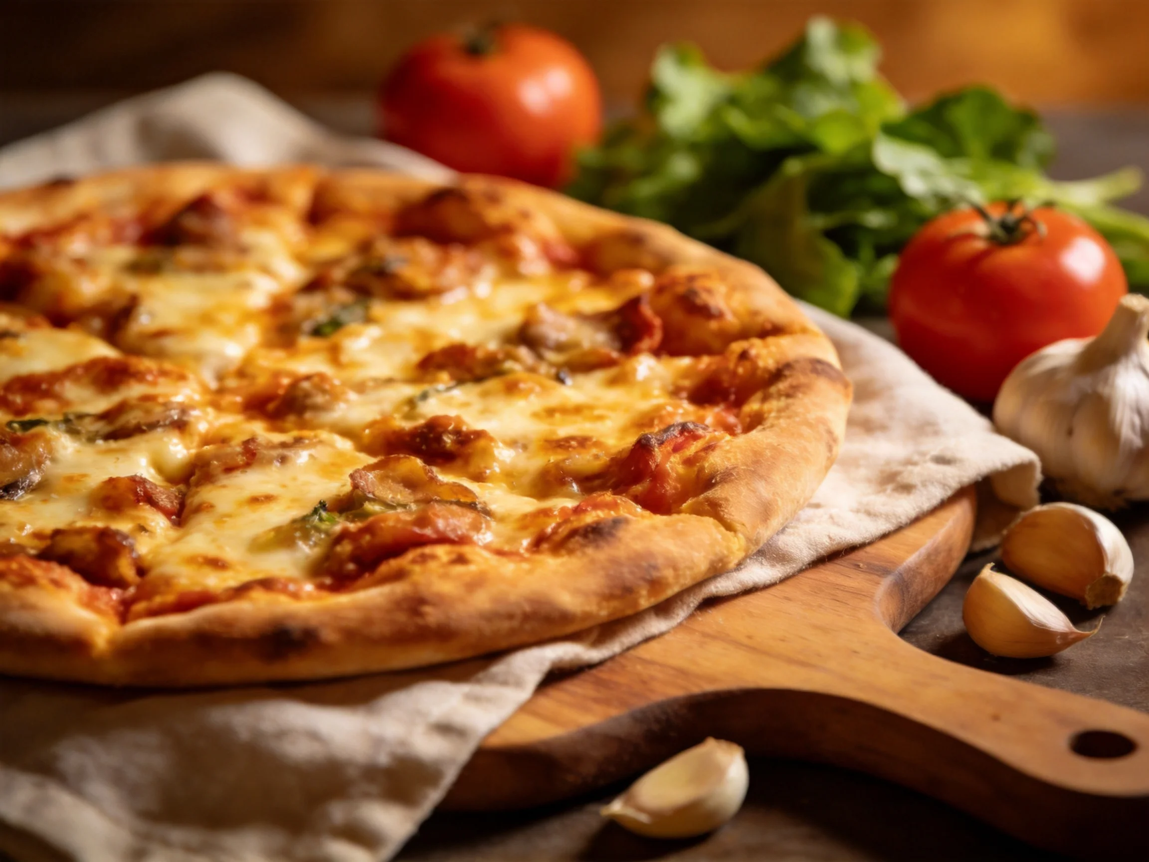 A golden-brown pizza sits beside fresh red tomatoes and garlic cloves