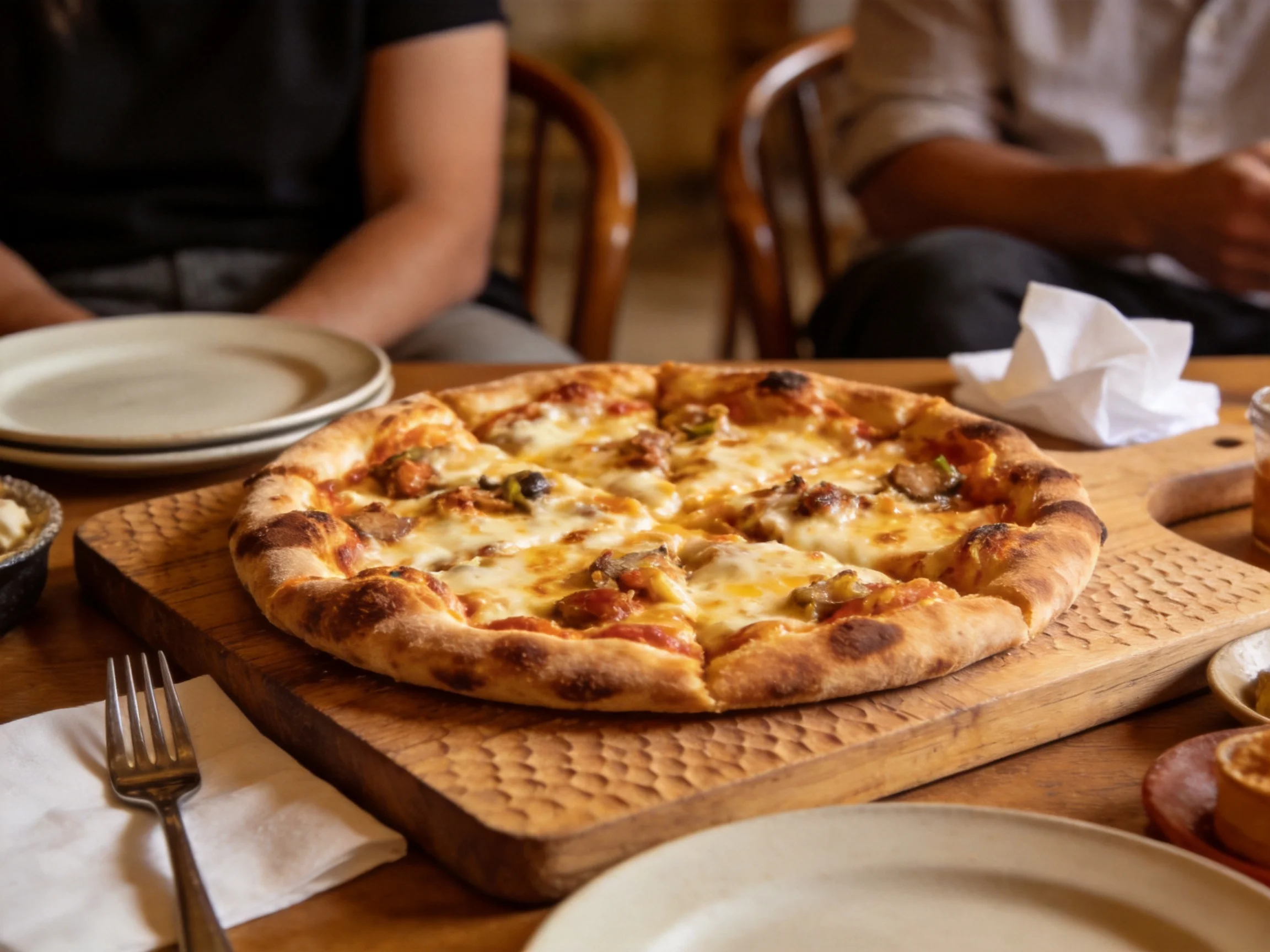 A golden-brown pizza sits on a textured wooden board with casual dining setup