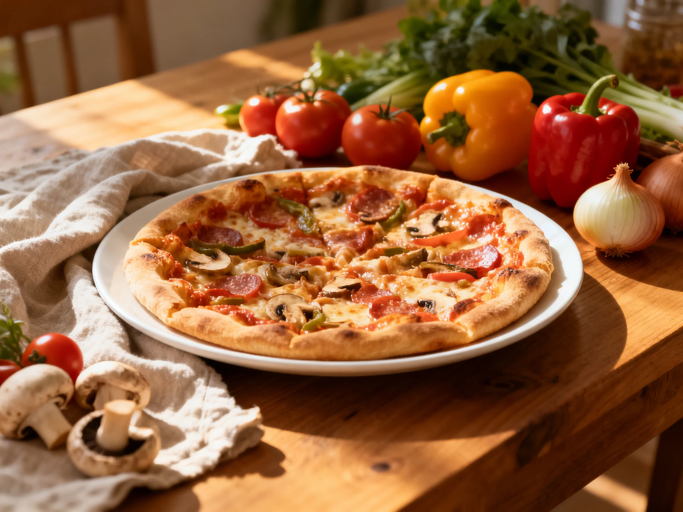 A golden-brown pizza surrounded by fresh vegetables