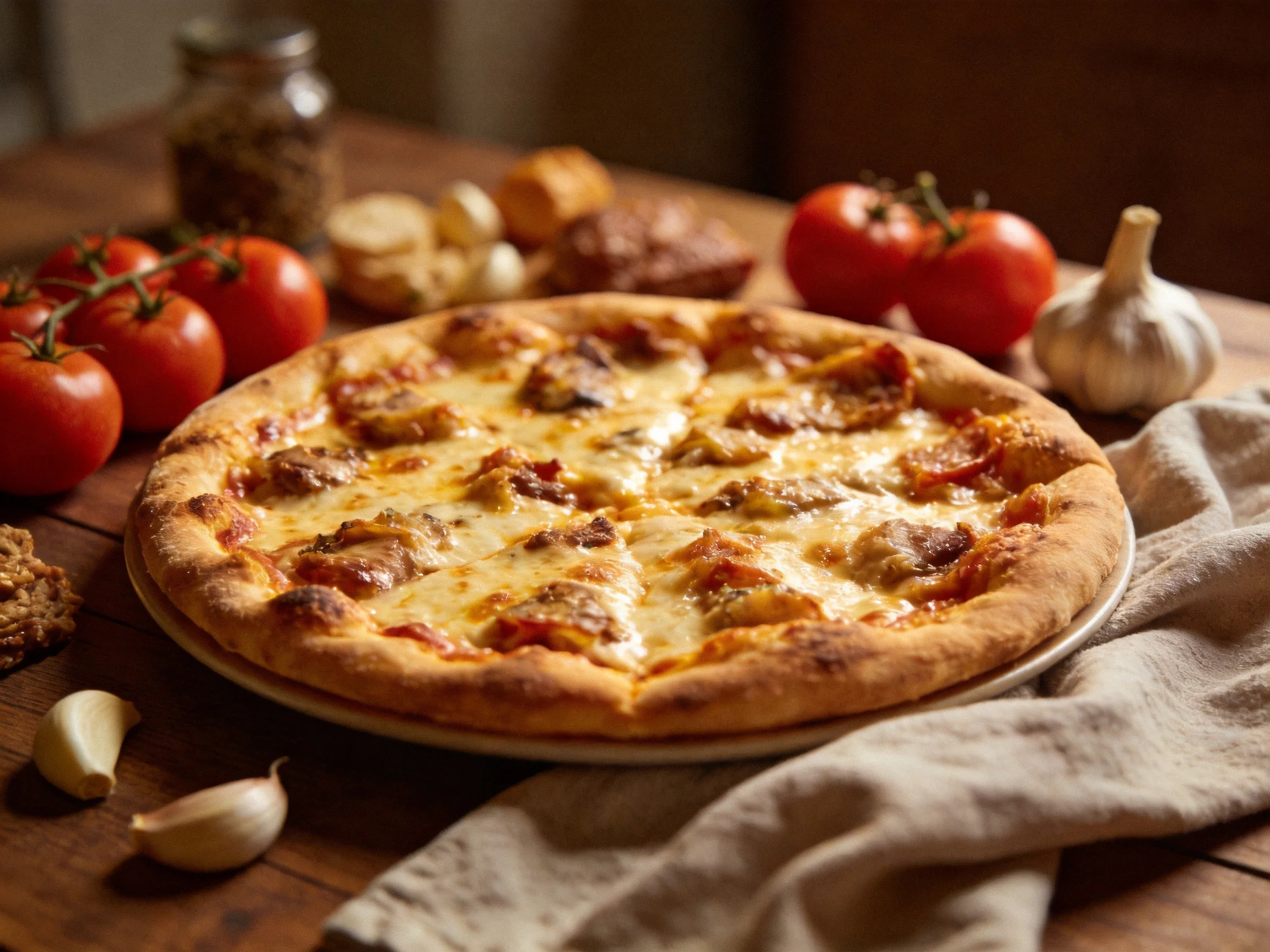 A golden-brown pizza surrounded by vibrant red tomatoes and garlic on a rustic wooden table