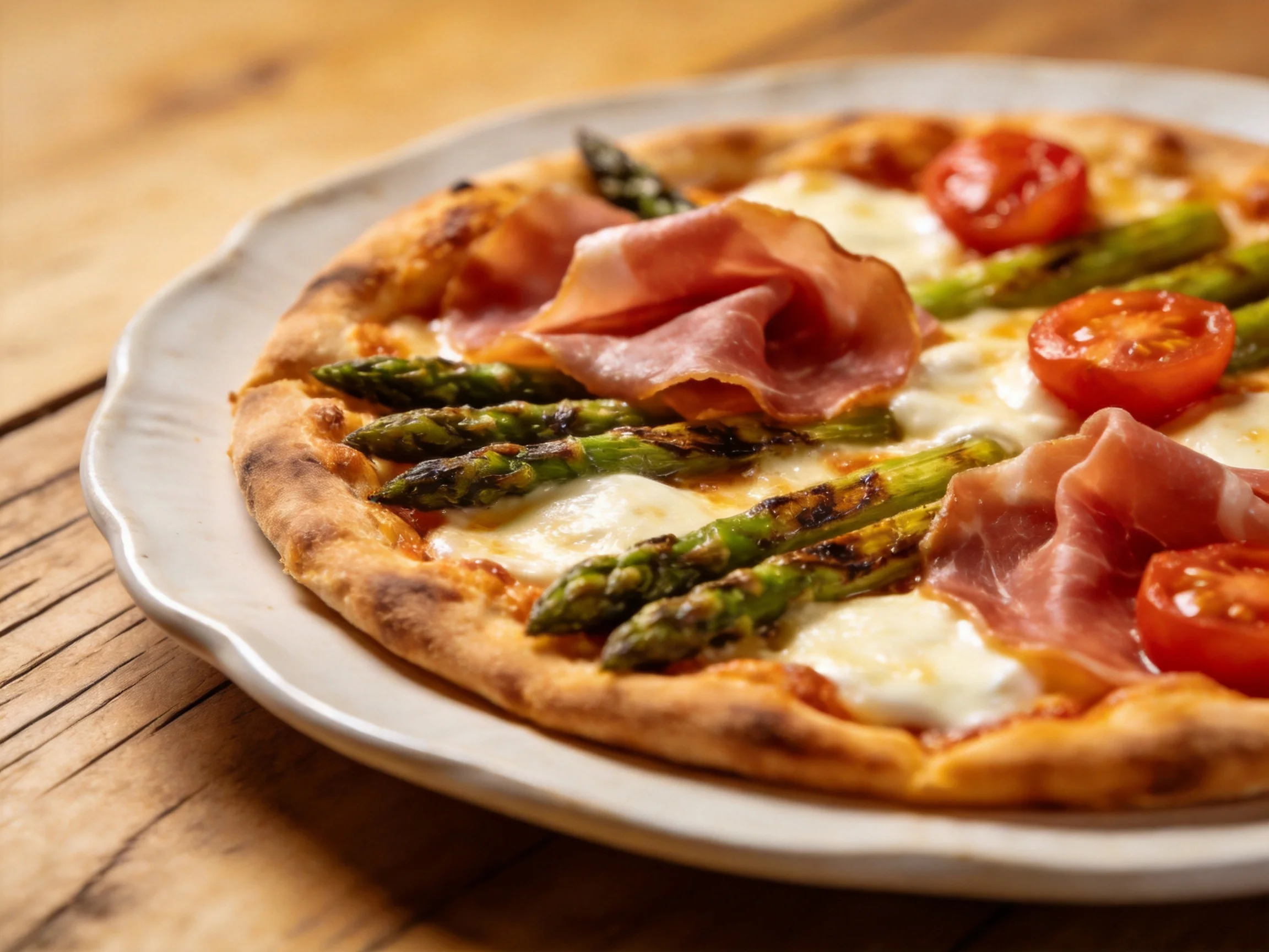 A golden-brown pizza topped with green asparagus, pink prosciutto, and red cherry tomatoes