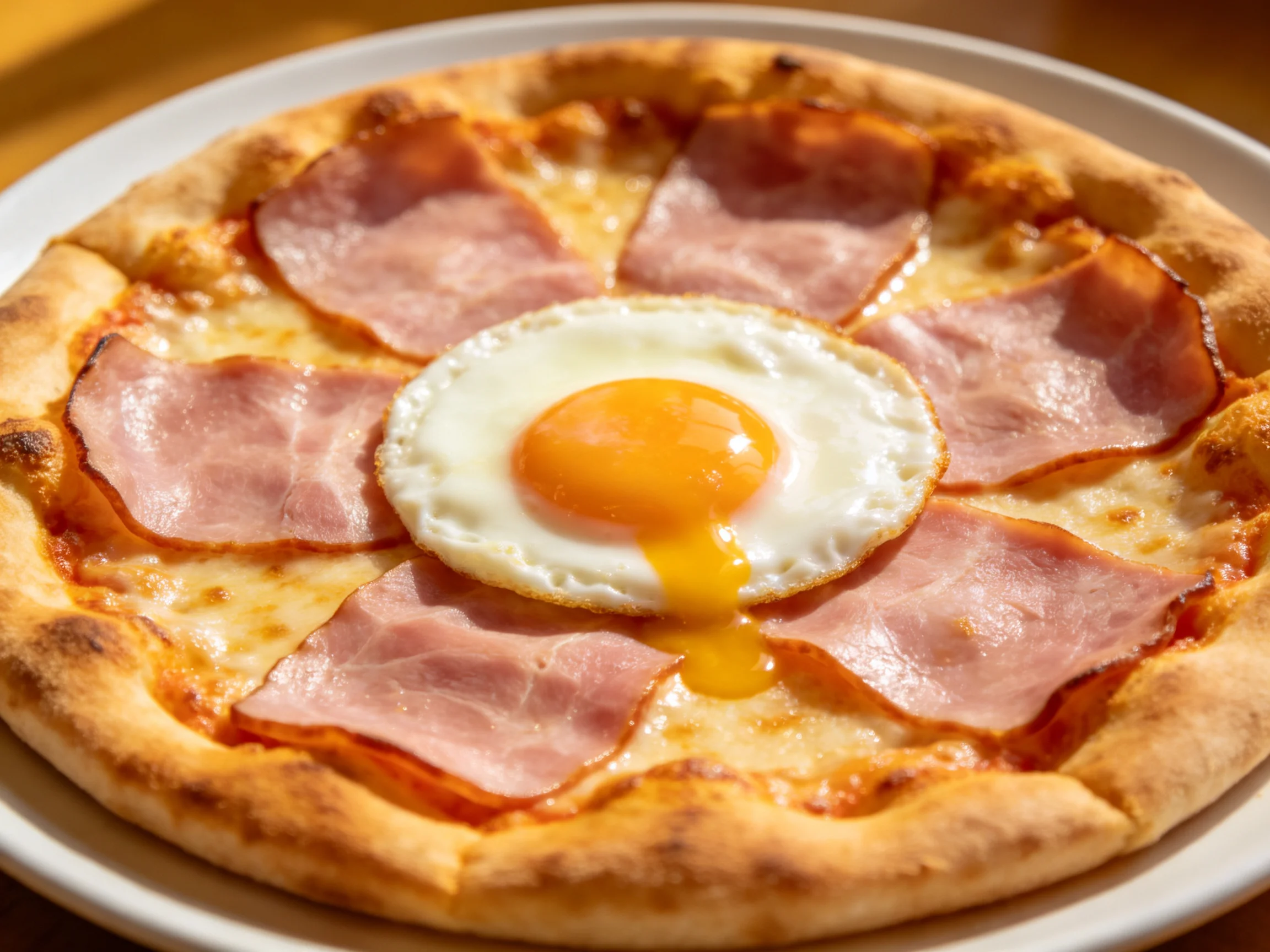 A golden-brown pizza topped with ham slices and a sunny-side-up egg