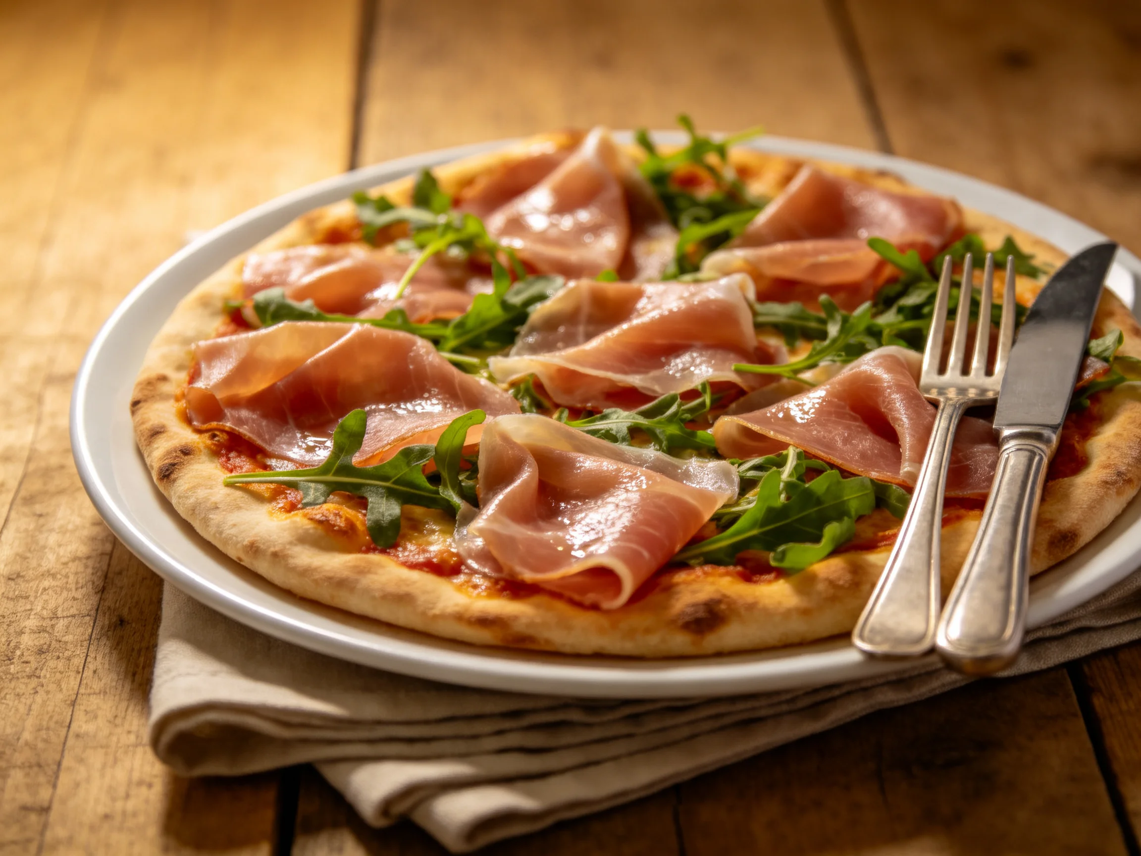 A golden-brown pizza topped with pink prosciutto and fresh green arugula