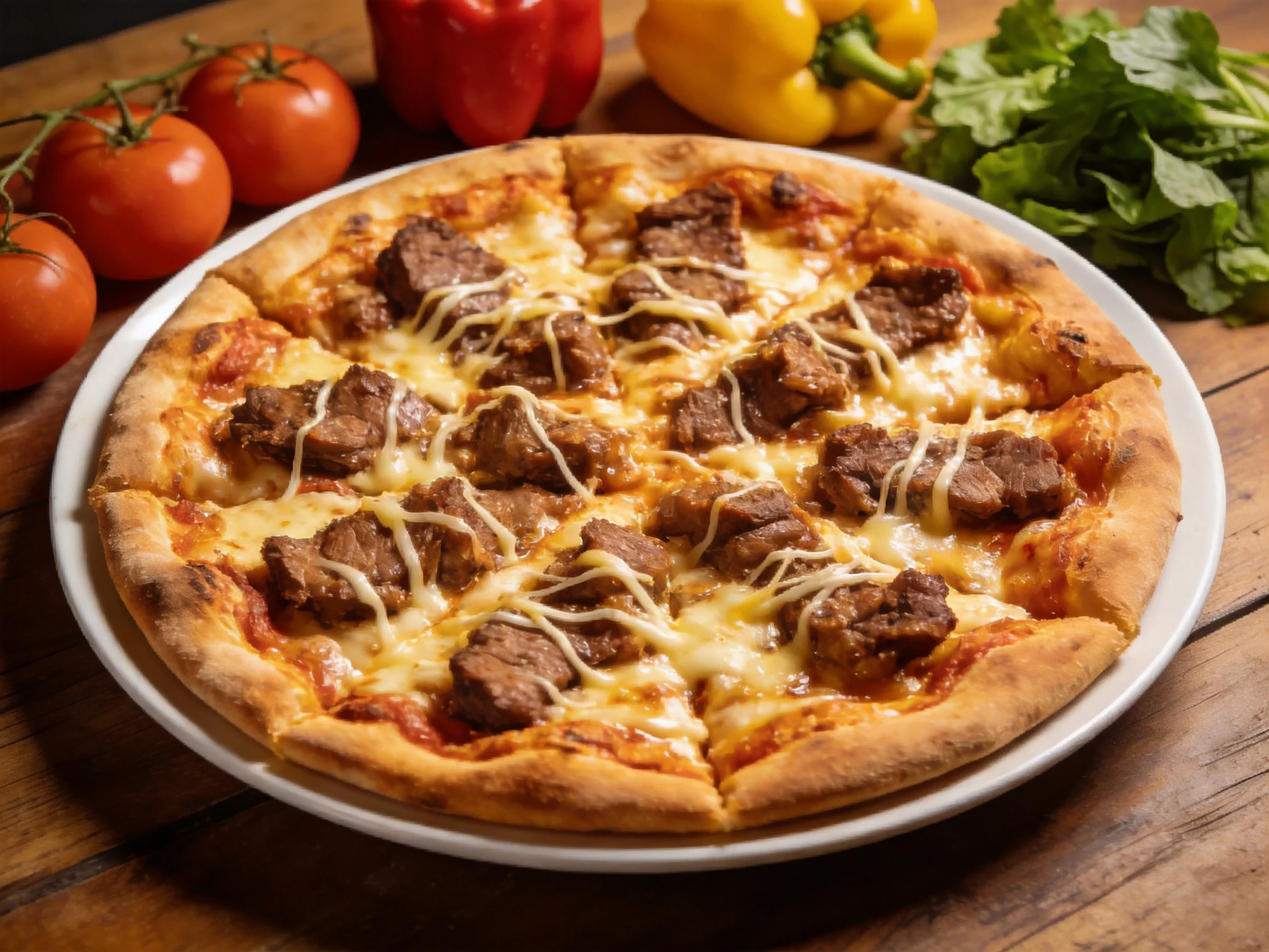 A golden-brown pizza with beef chunks, near fresh tomatoes and peppers