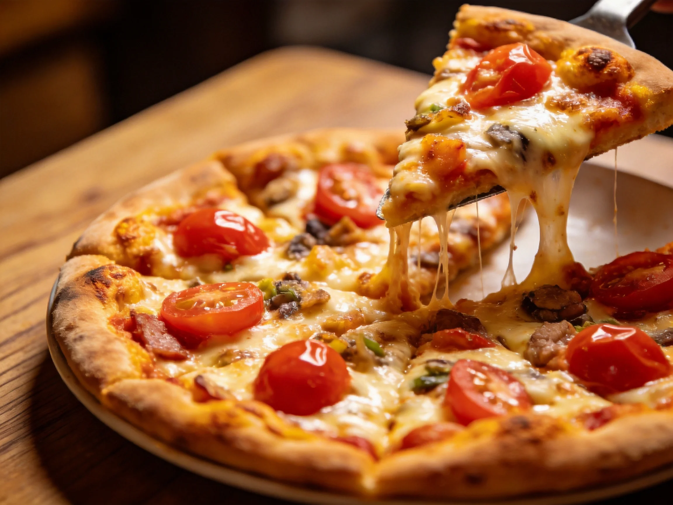 A golden-brown pizza with cherry tomatoes and stretchy cheese