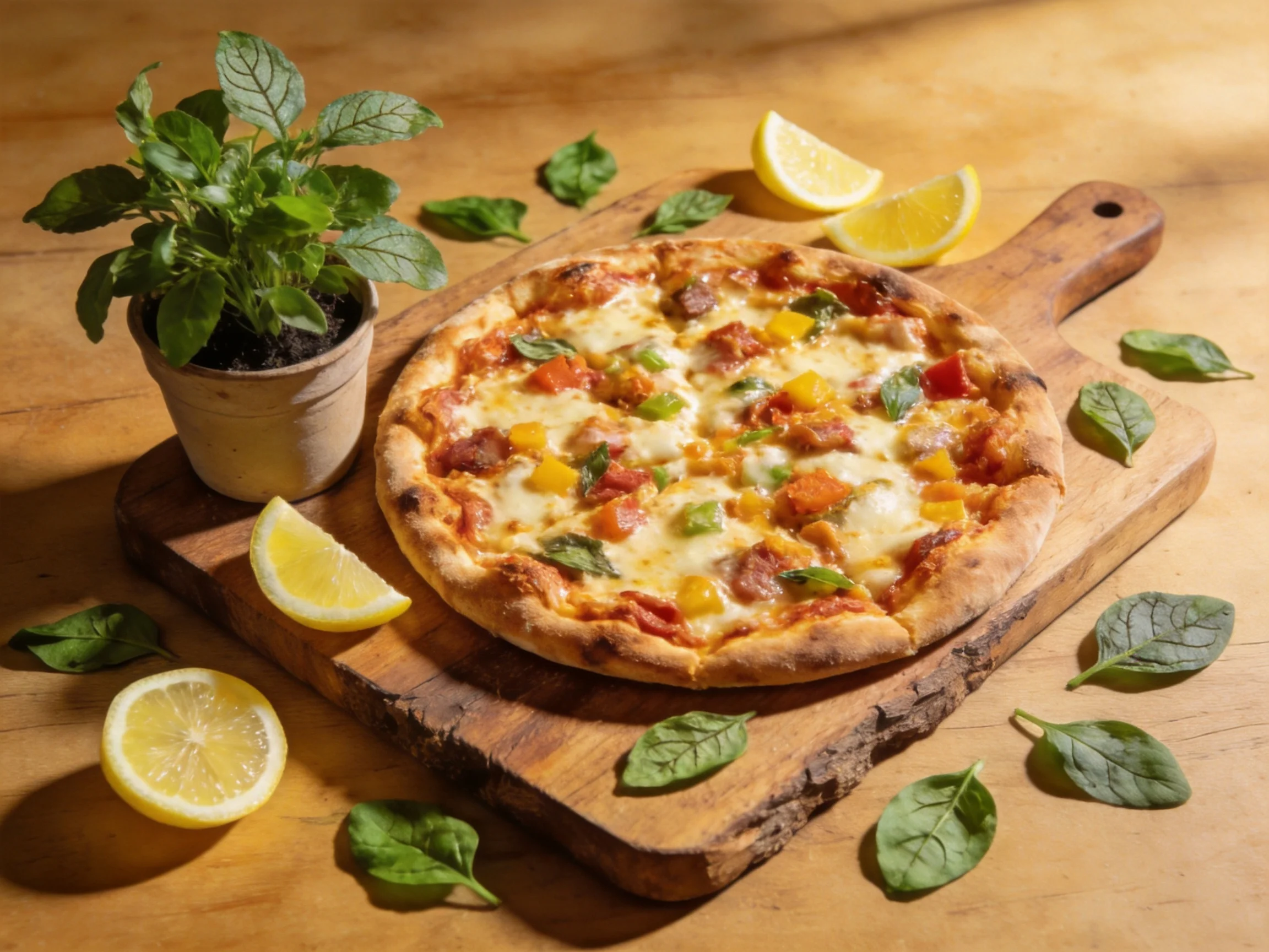 A golden-brown pizza with colorful veggies is served on a rustic wooden board with fresh basil and le