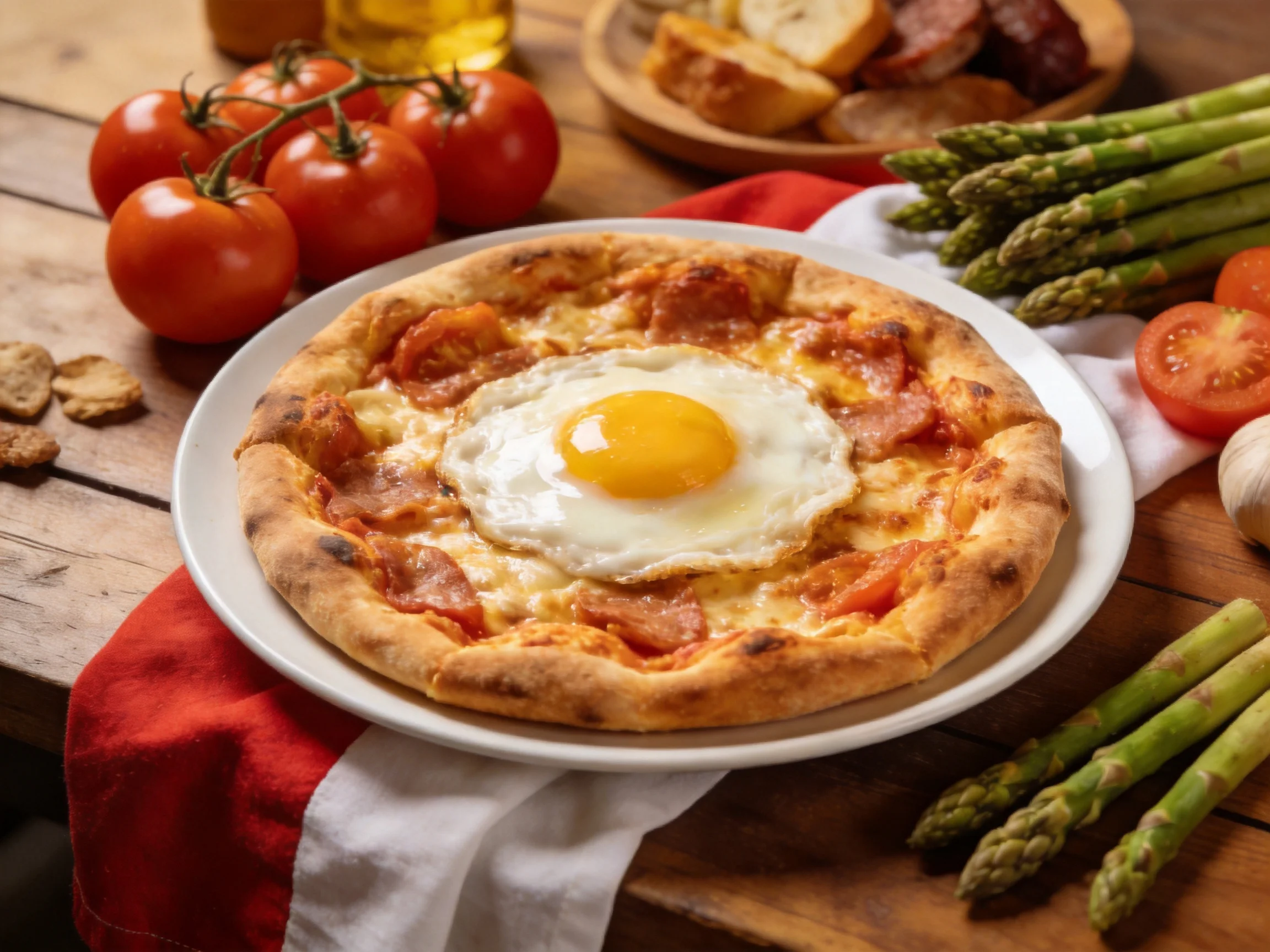 A golden-brown pizza with egg, surrounded by fresh vegetables