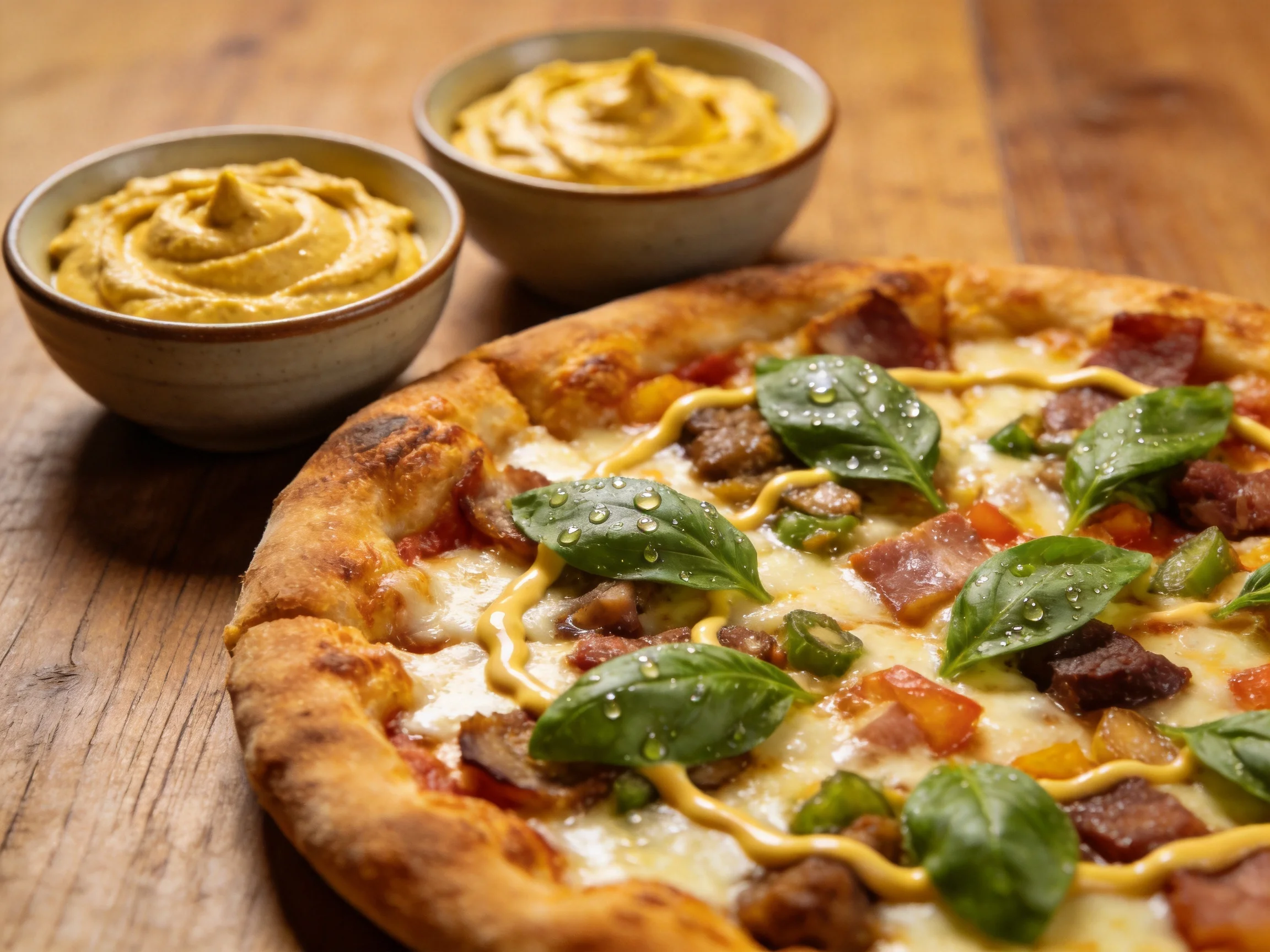 A golden-brown pizza with fresh basil beside two bowls of creamy sauce