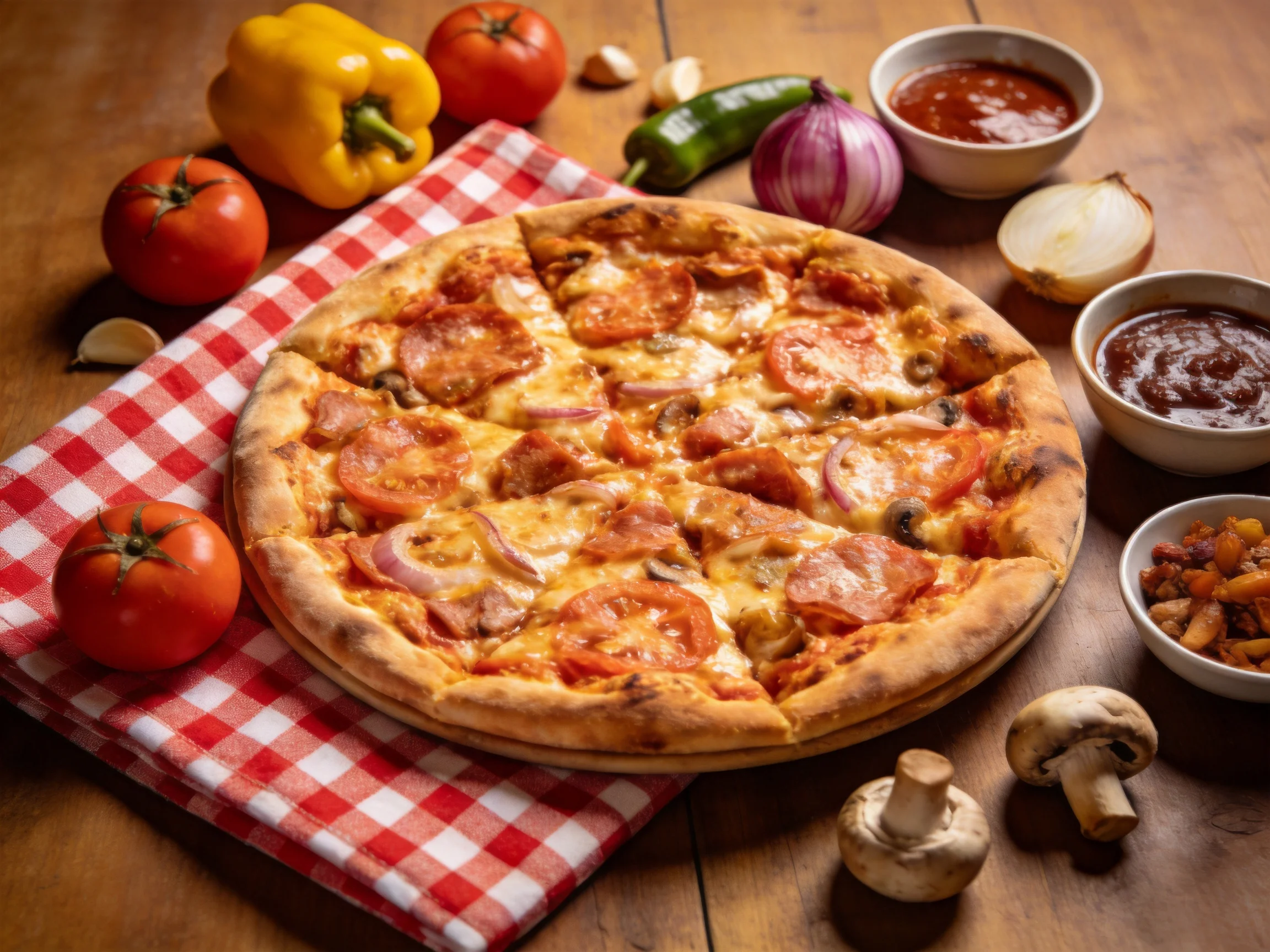 A golden-brown pizza with fresh vegetables and sauce bowls