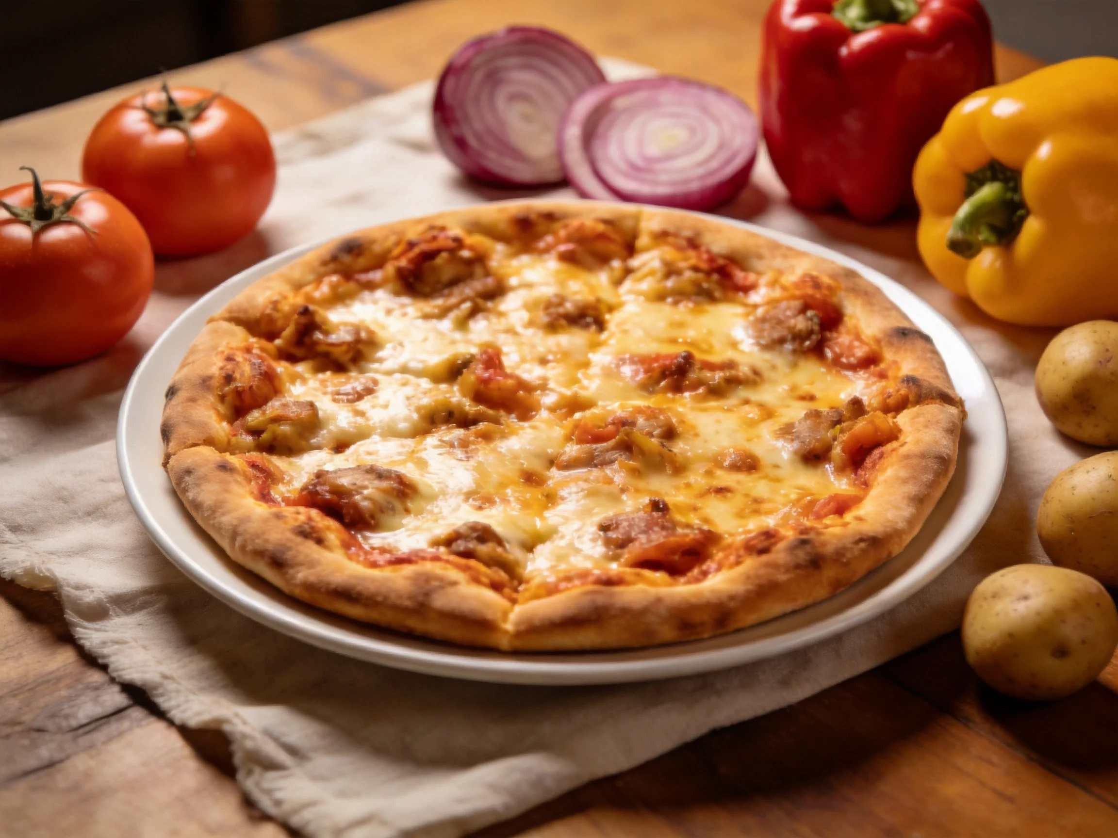 A golden-brown pizza with melted cheese, surrounded by two red tomatoes, sliced purple onions, and be