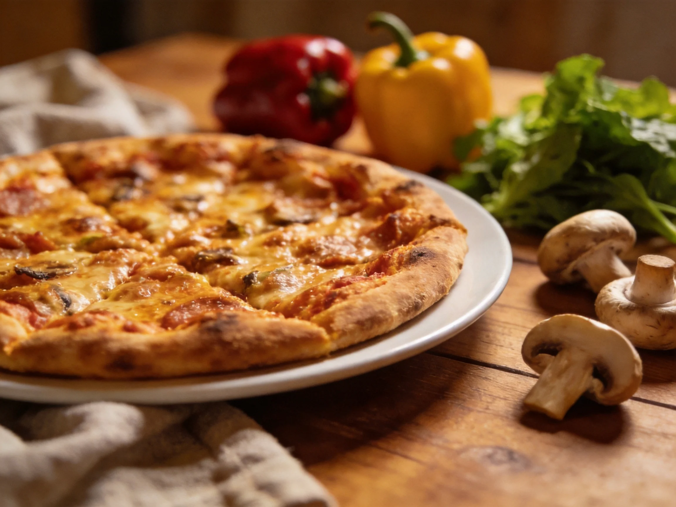 A golden-brown pizza with red and yellow peppers, fresh greens, and mushrooms