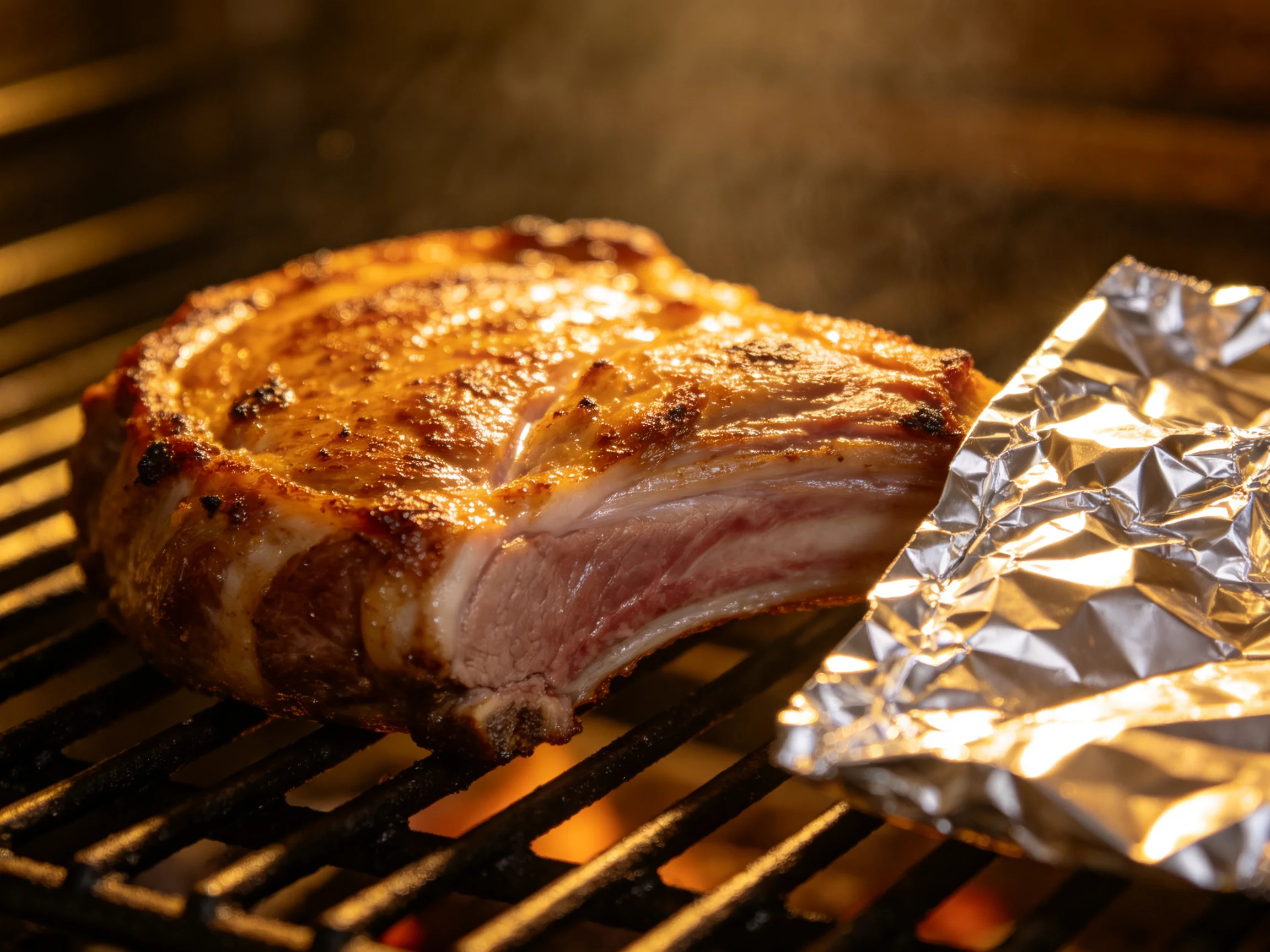 A golden-brown pork chop grilling over glowing embers