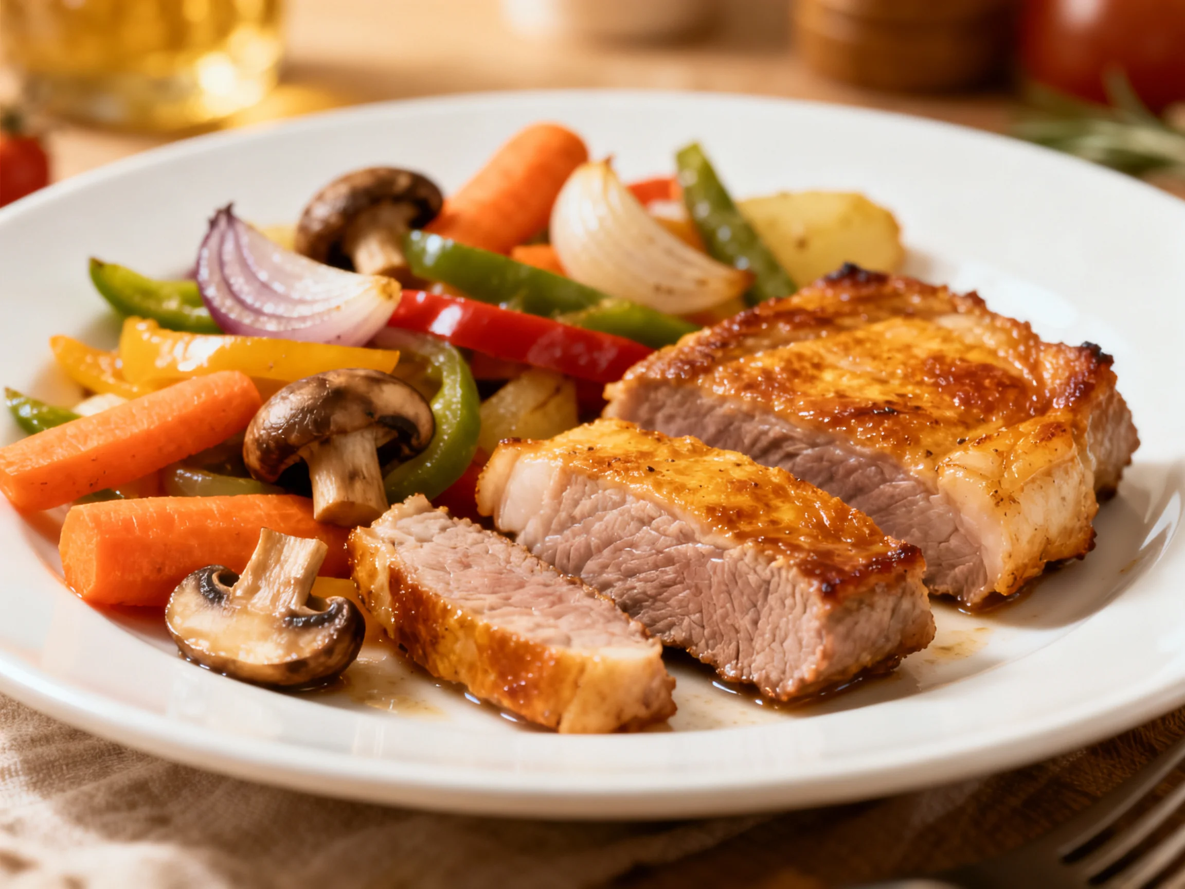 A golden-brown pork chop served with colorful roasted vegetables