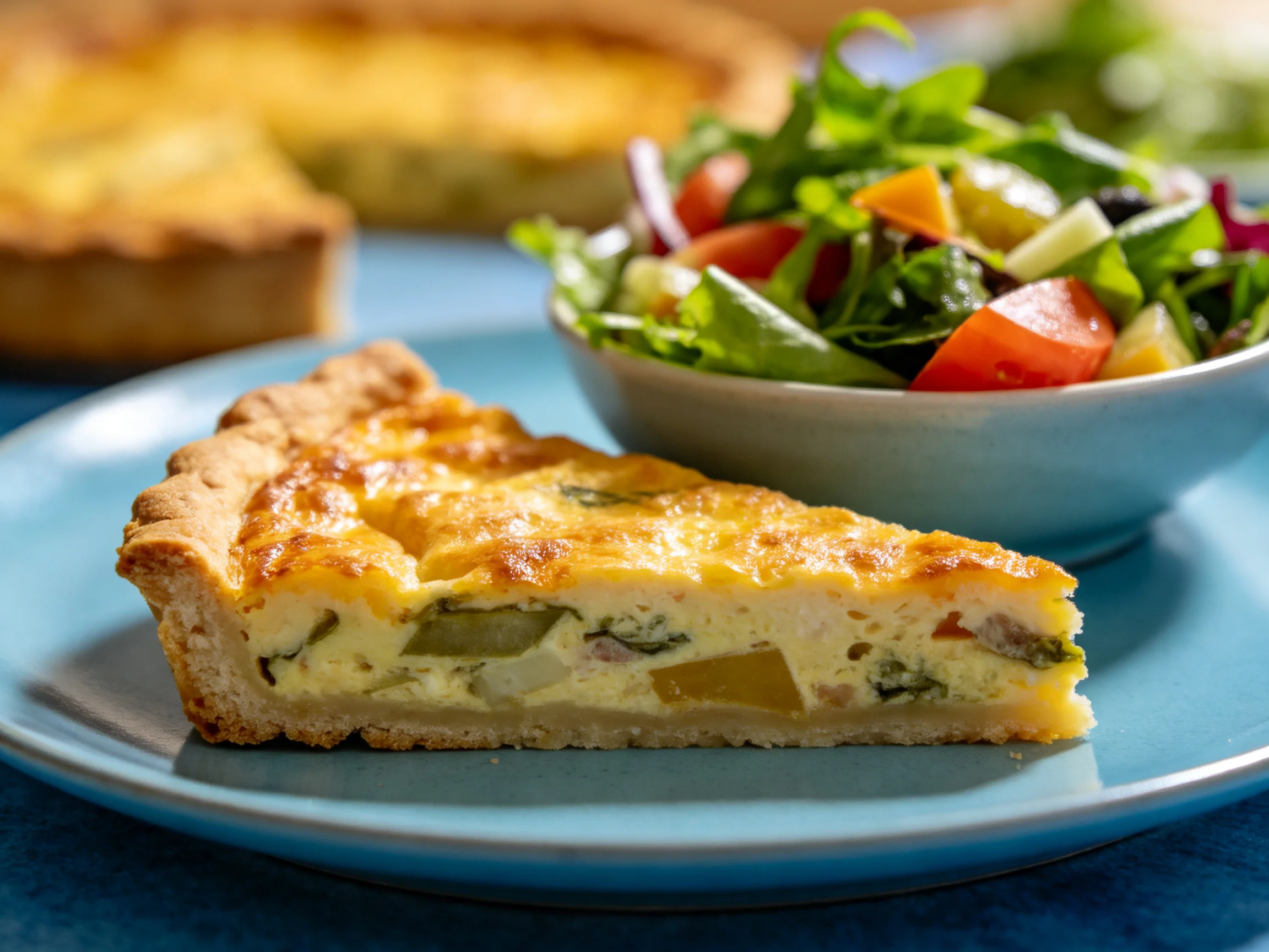 A golden-brown quiche slice paired with fresh mixed greens salad