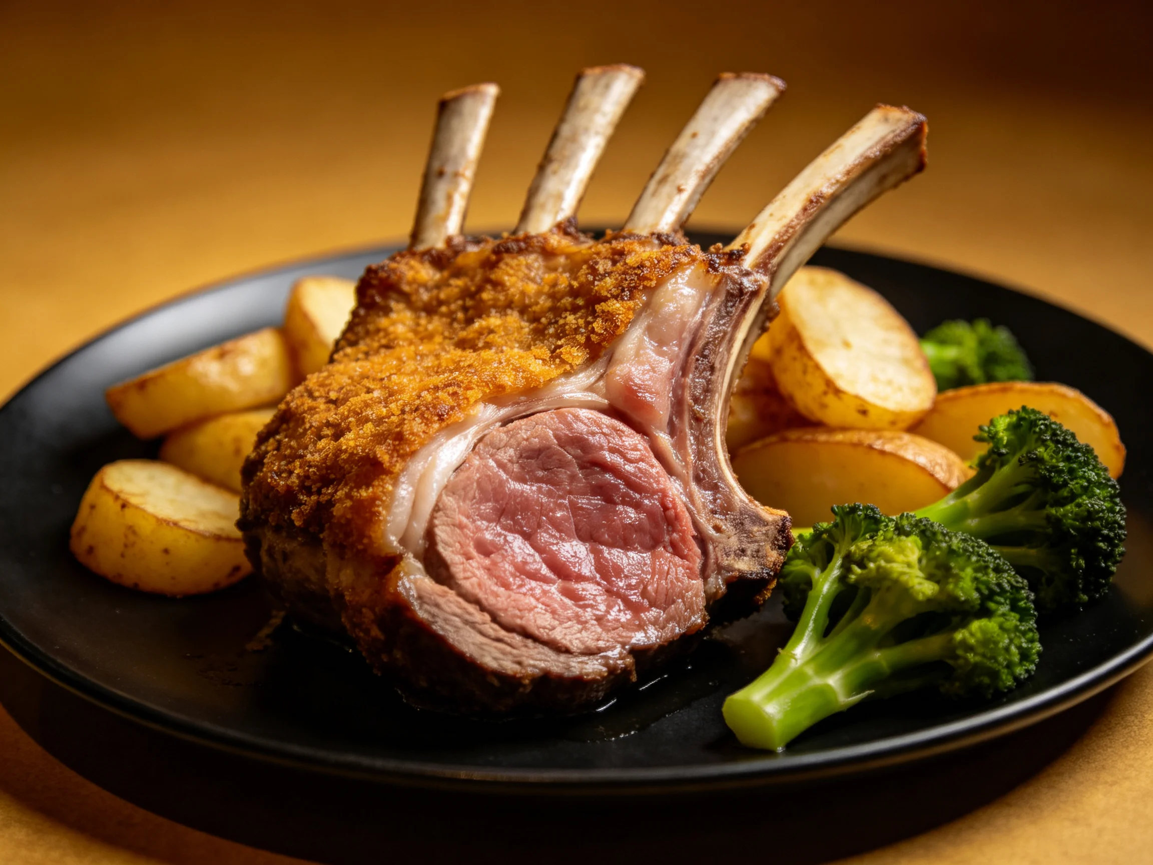 A golden-brown rack of lamb served with roasted potato slices and broccoli