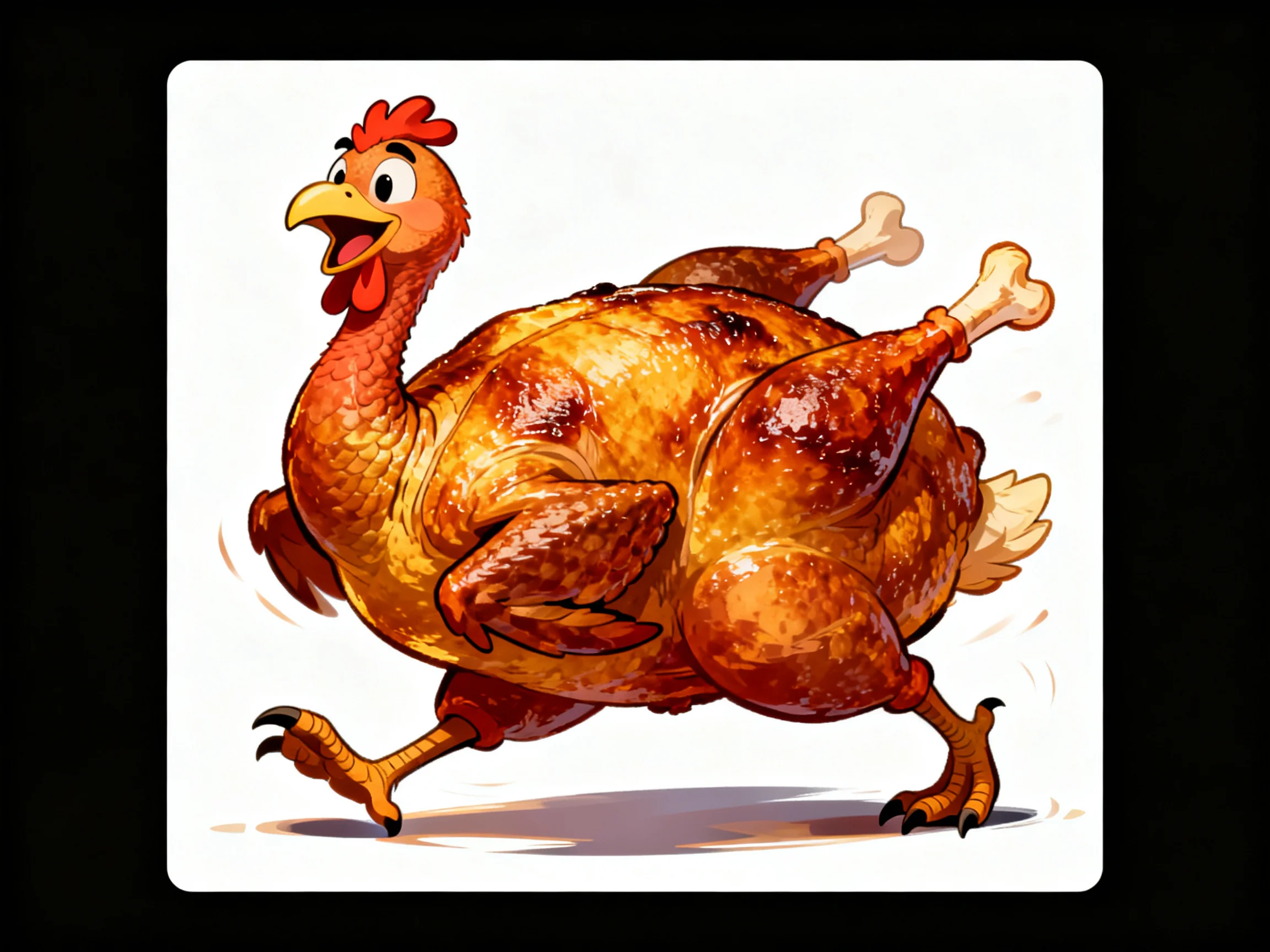 A golden-brown roasted animated chicken character dashes energetically