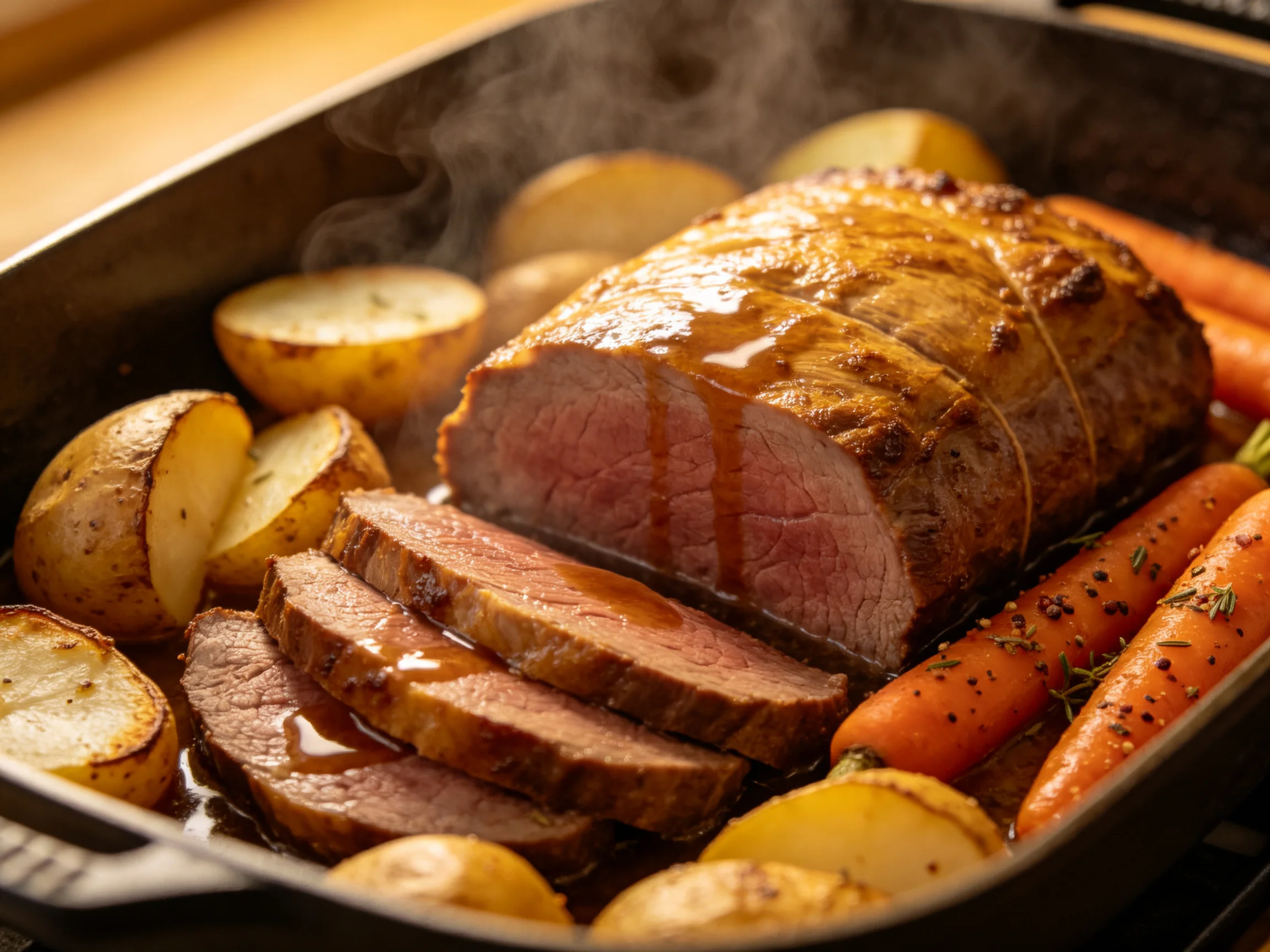 A golden-brown roasted beef dish with roasted potatoes and carrots