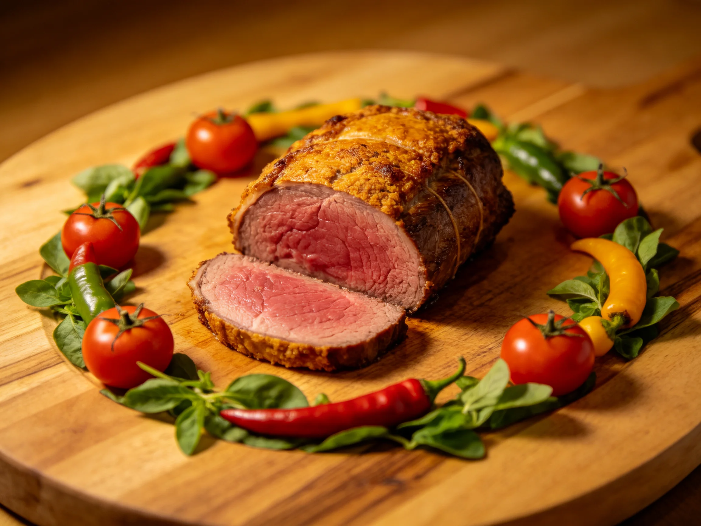 A golden-brown roasted beef roast displayed with cherry tomatoes and peppers on a wooden board