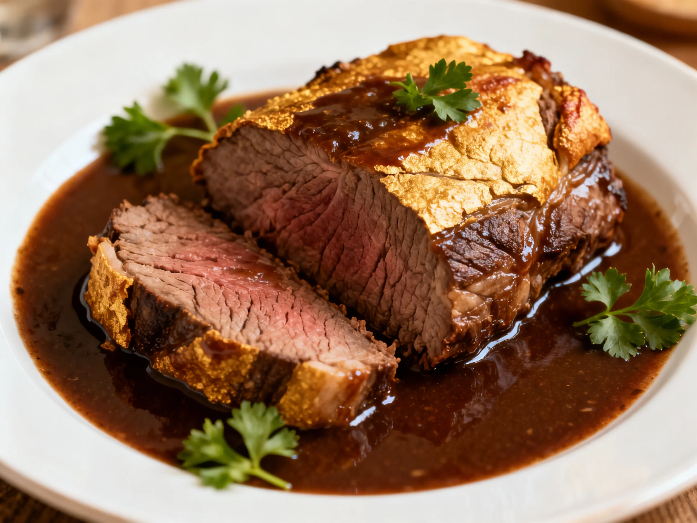 A golden-brown roasted beef roast served with rich brown gravy