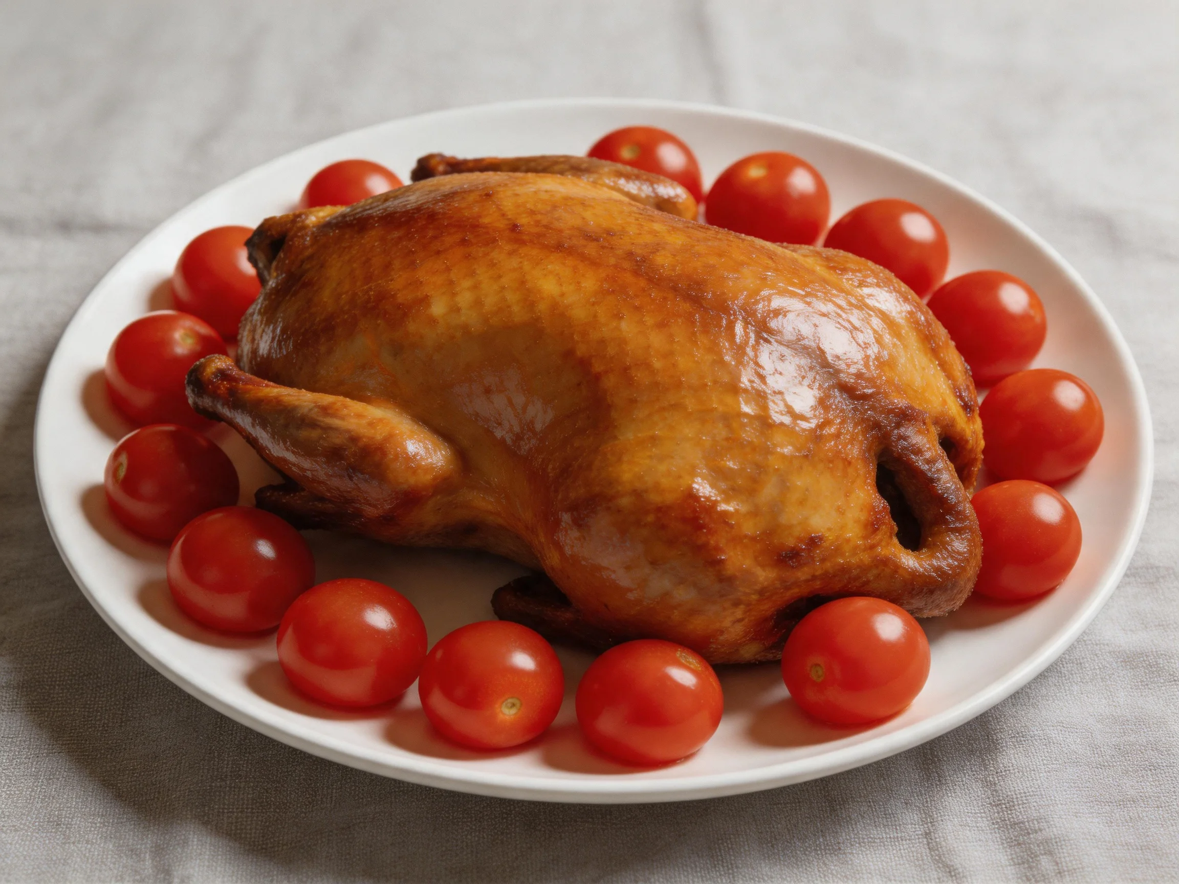 A golden-brown roasted bird surrounded by vibrant red cherry tomatoes