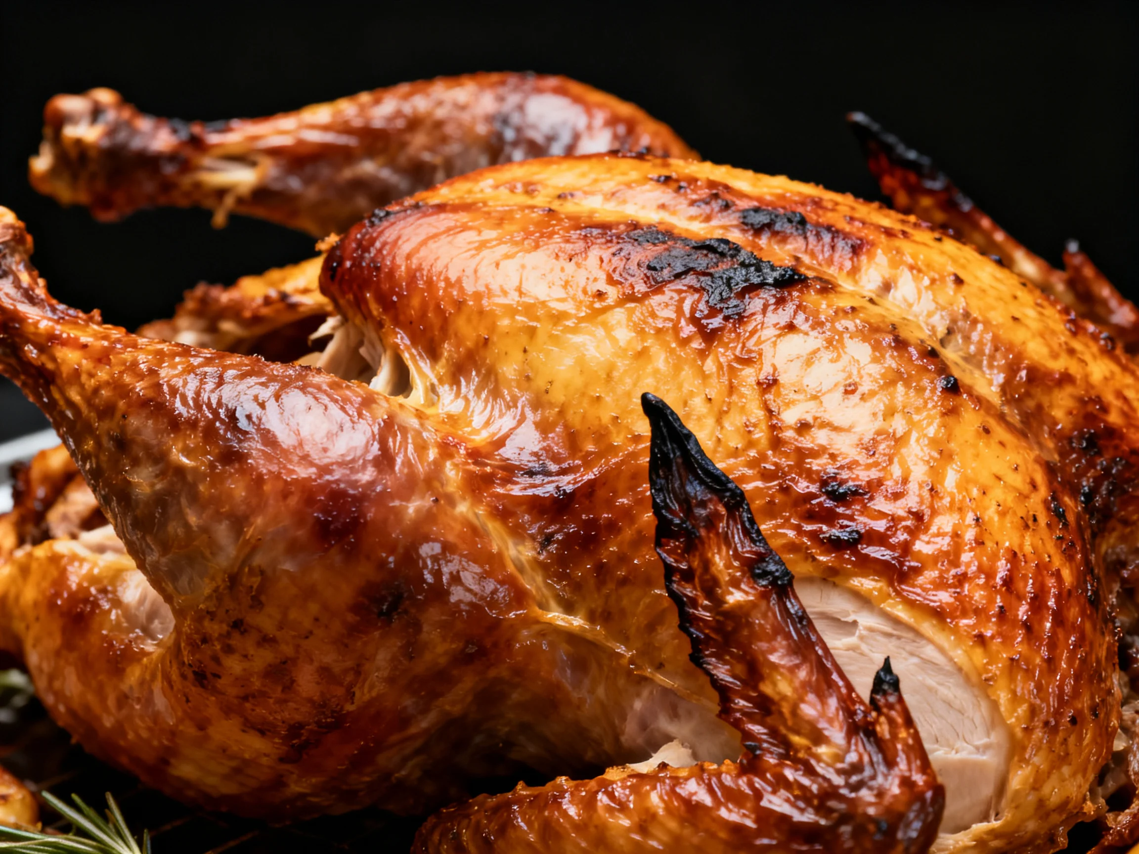 A golden-brown roasted bird with crispy skin and dark char marks