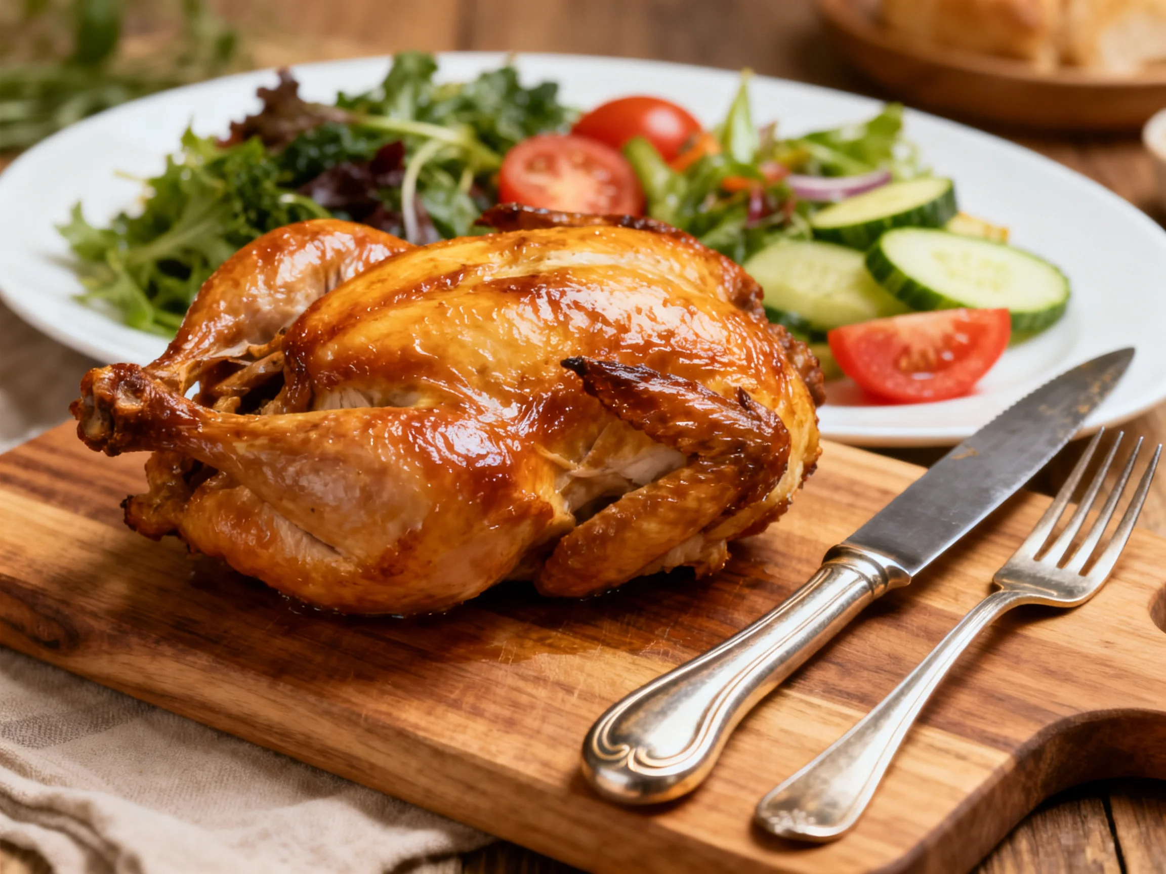 A golden-brown roasted chicken beside a fresh mixed salad with silverware