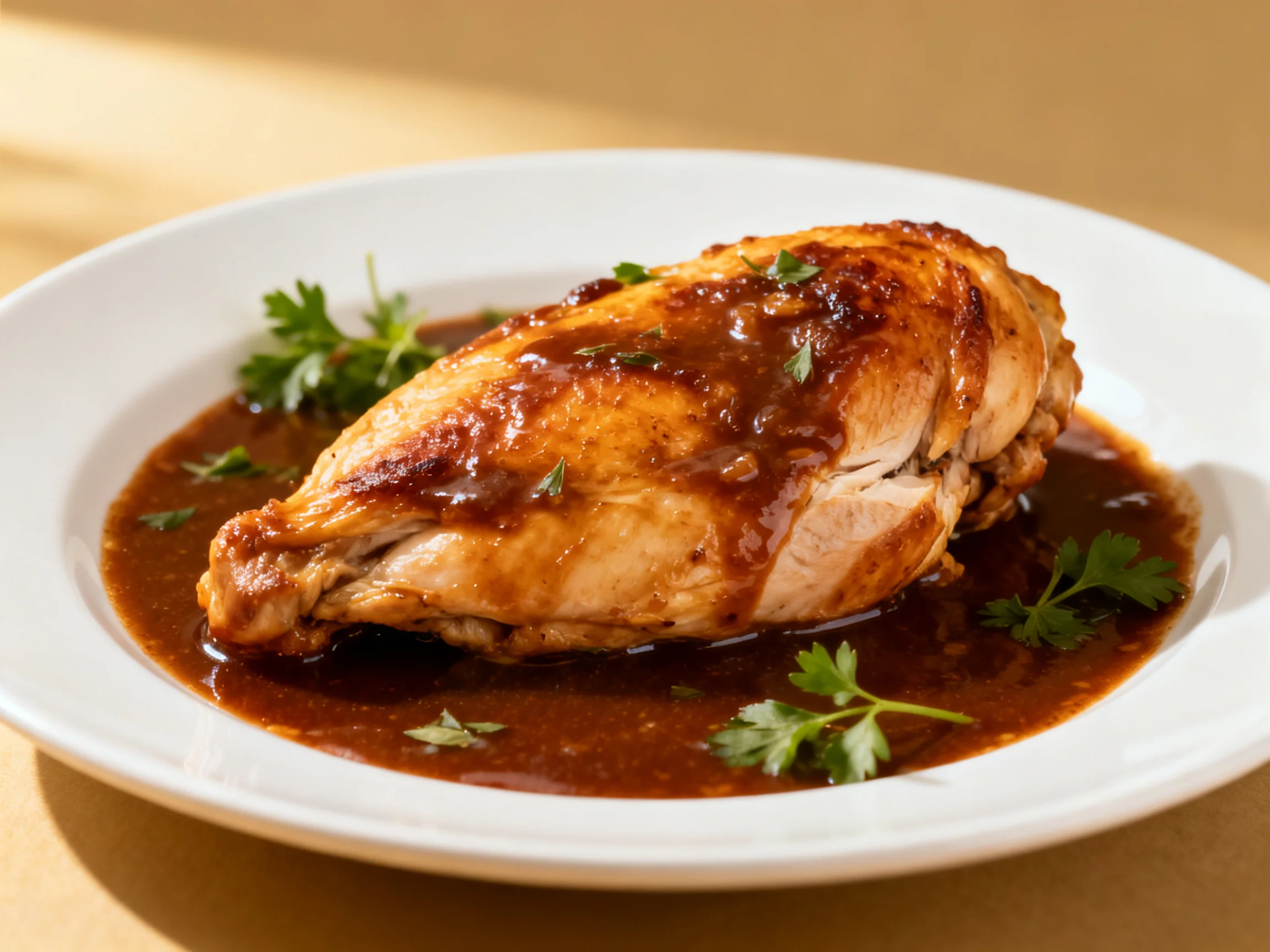 A golden - brown roasted chicken breast with rich brown sauce