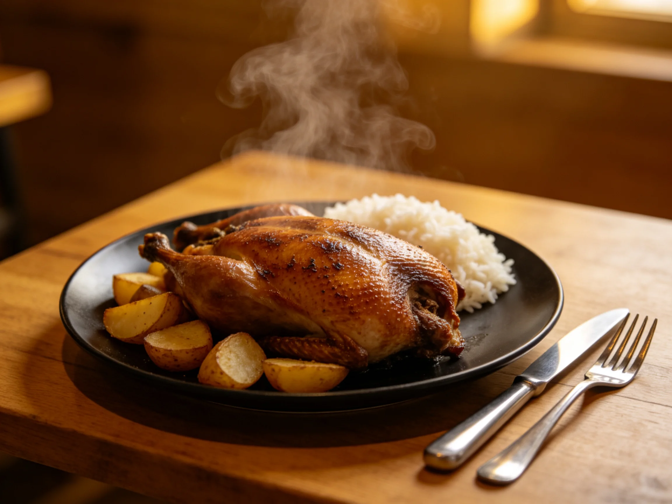 A golden-brown roasted chicken dish with white rice and potato wedges