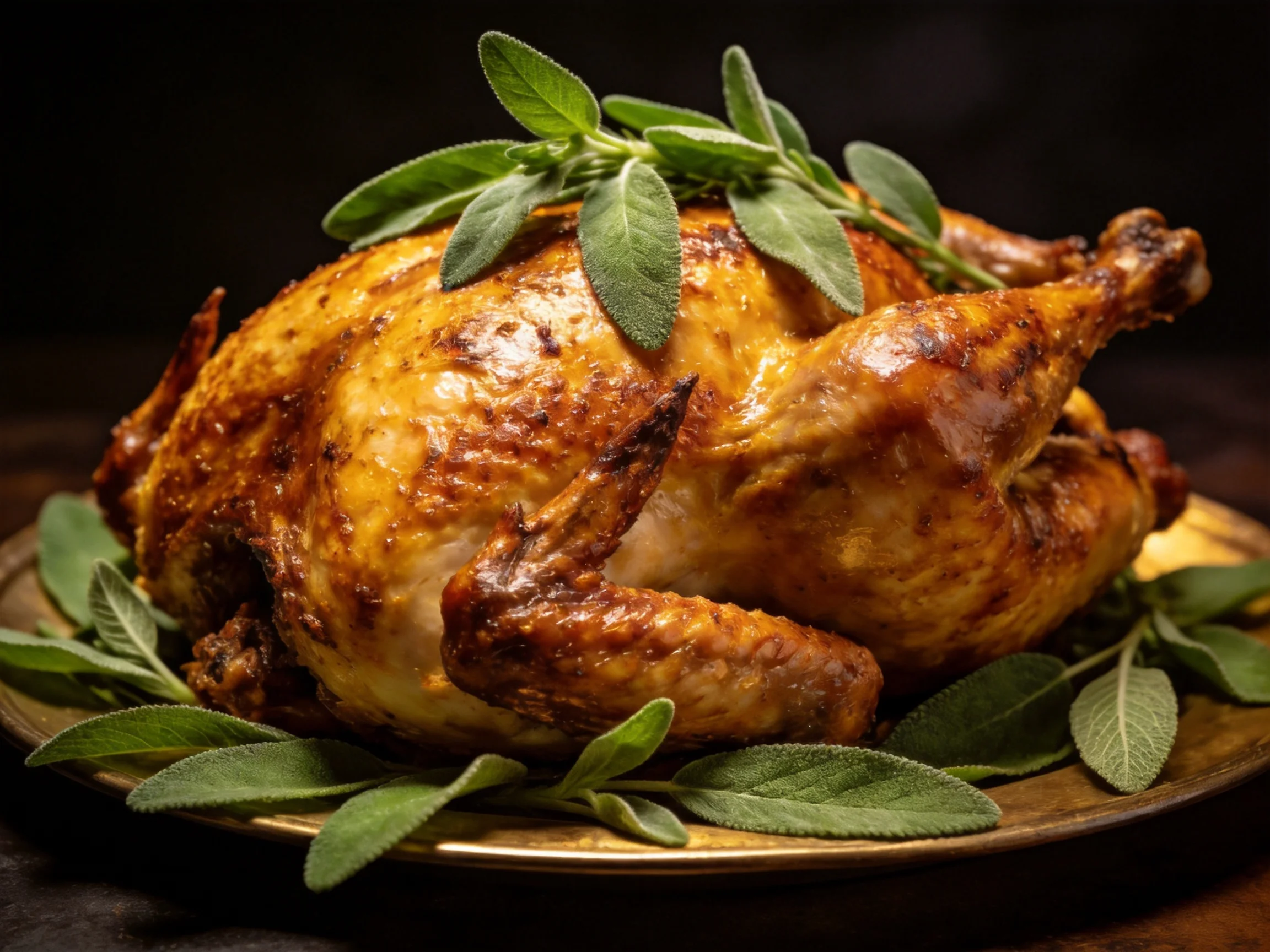 A golden-brown roasted chicken garnished with fresh sage leaves