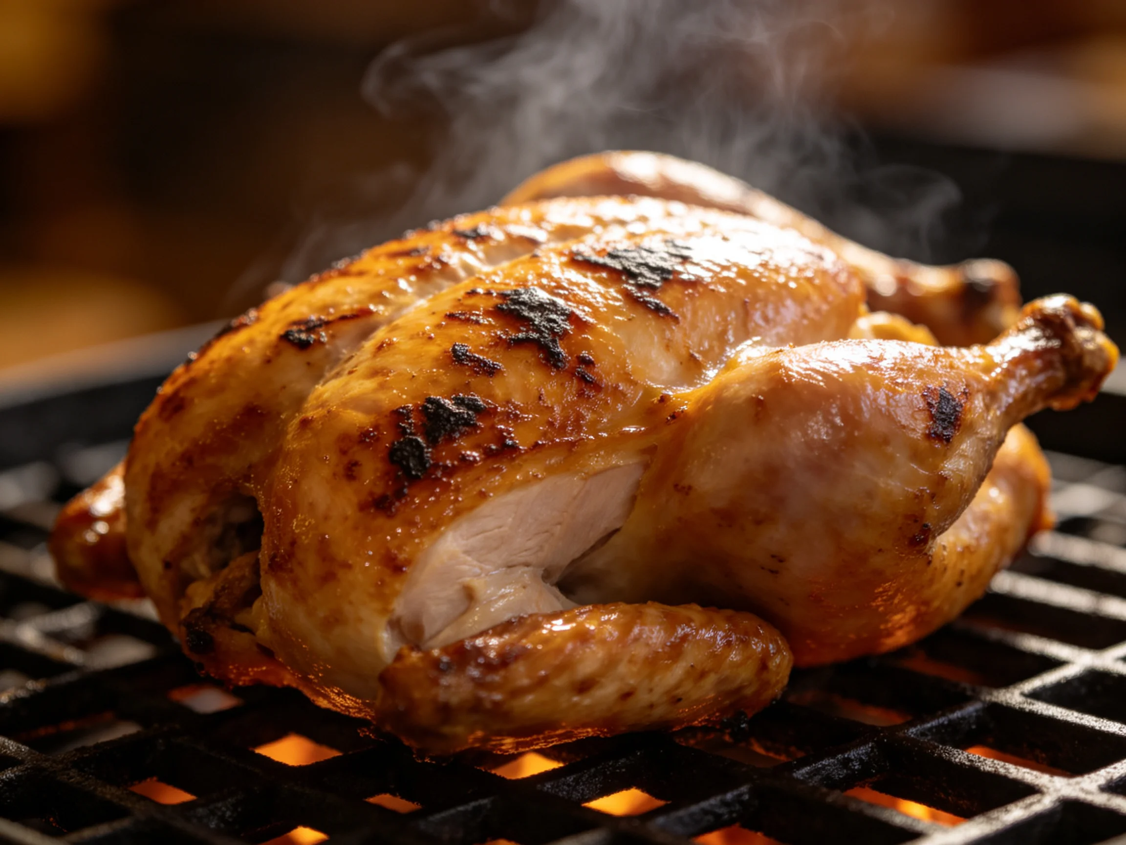 A golden-brown roasted chicken grilling over bright embers