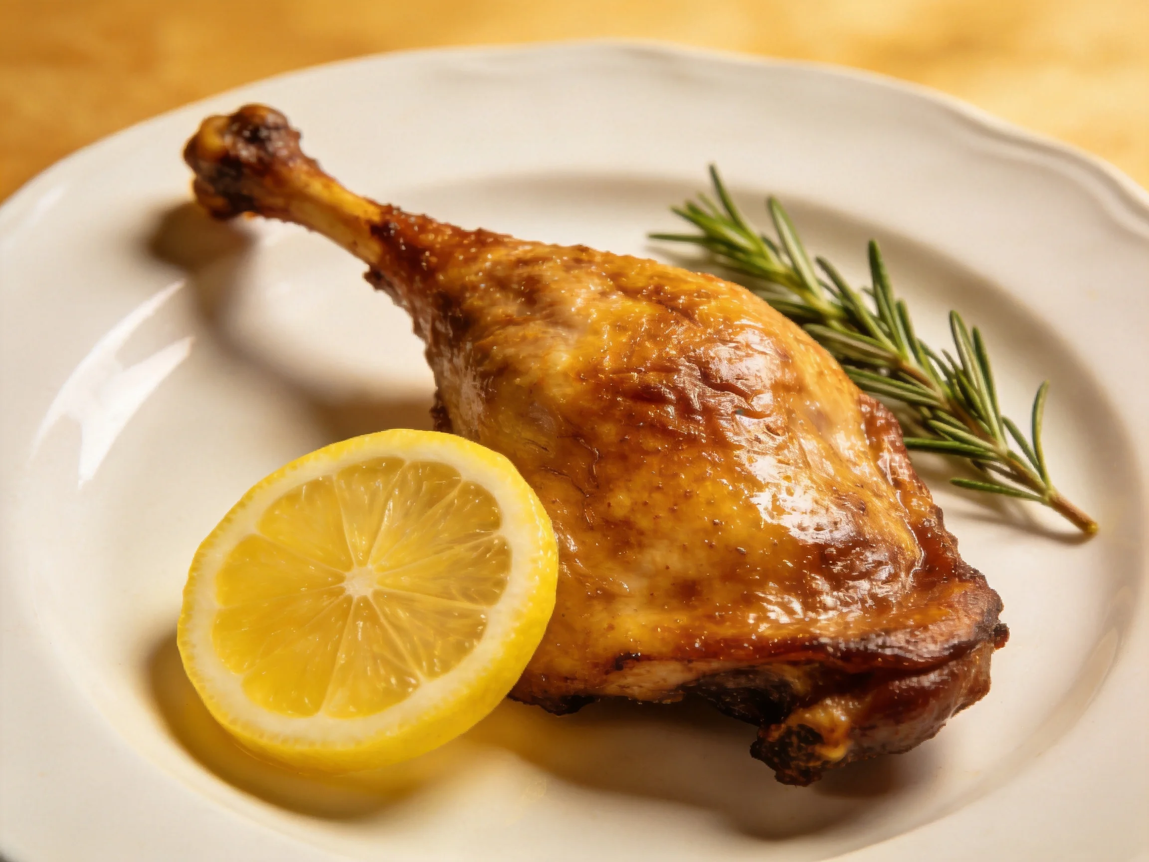 A golden-brown roasted chicken leg served with lemon and rosemary