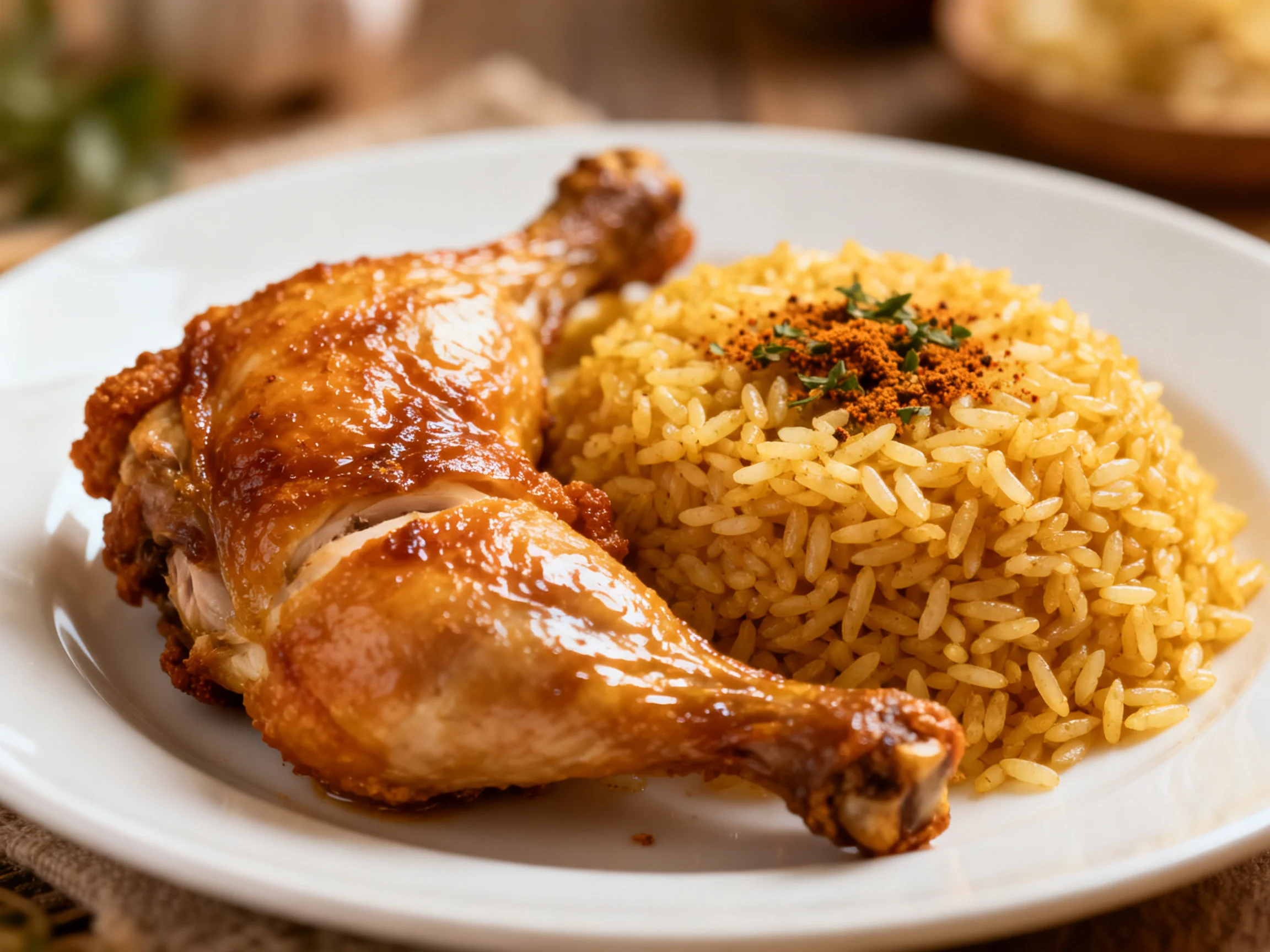 A golden-brown roasted chicken leg served with seasoned yellow rice on a white plate