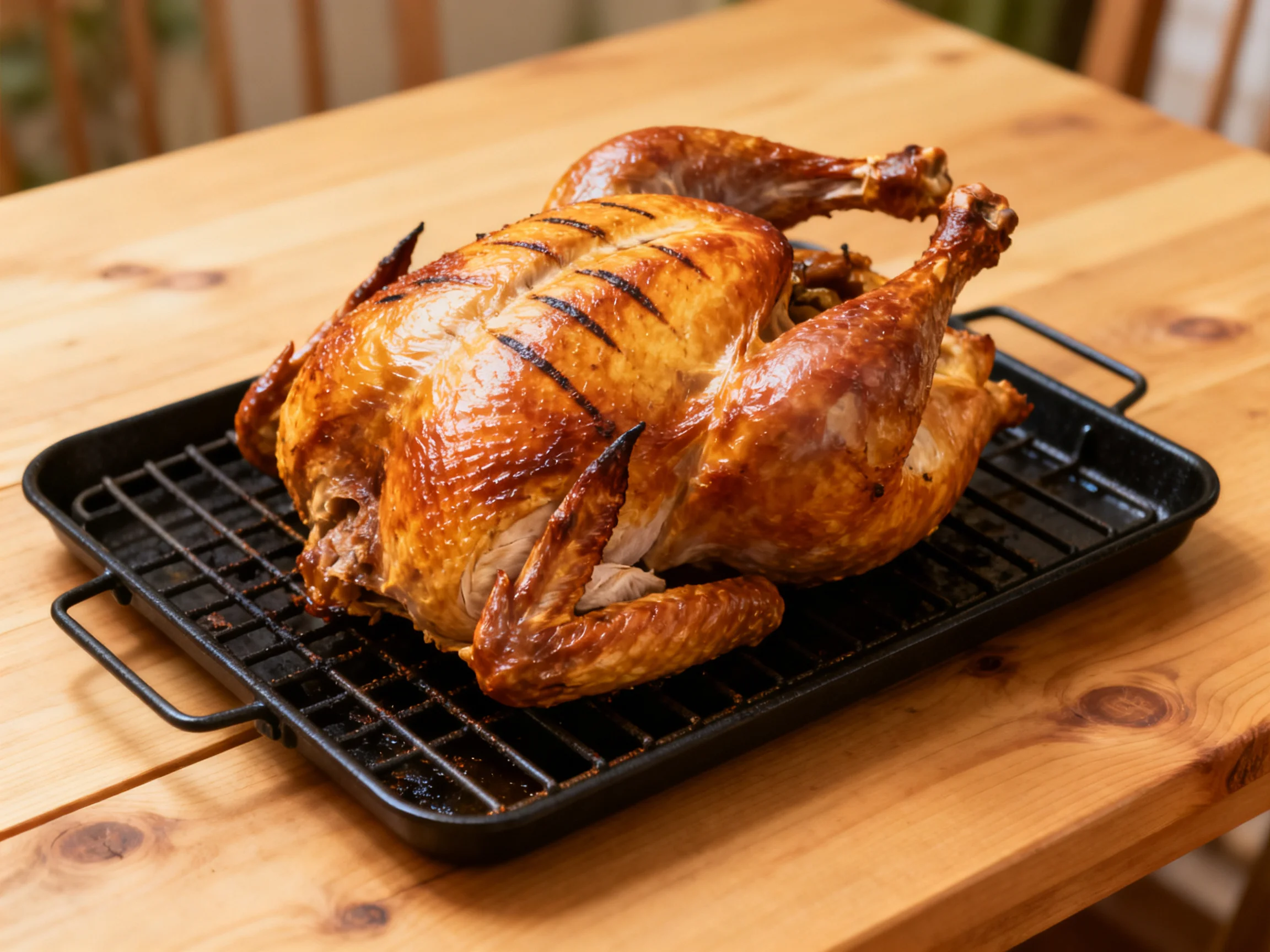 A golden-brown roasted chicken on a black wire rack over a wooden table