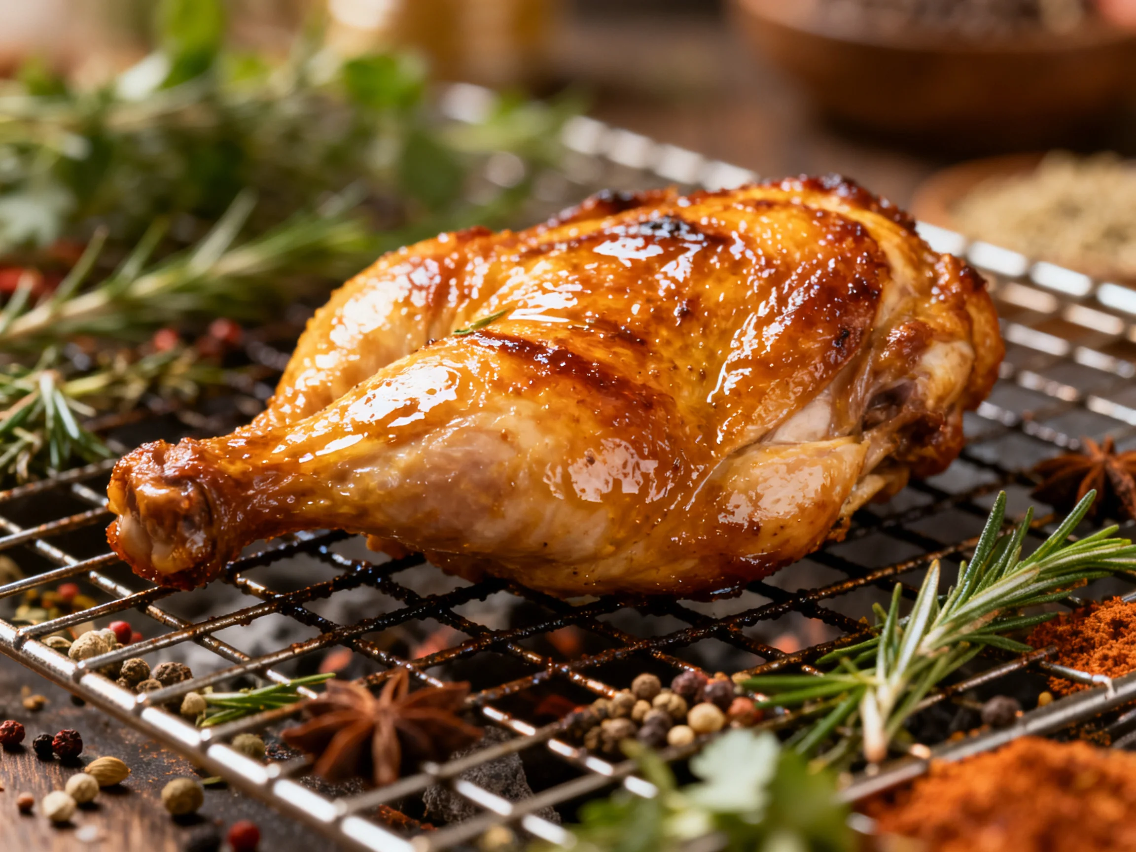 A golden-brown roasted chicken on a metal rack with fresh herbs