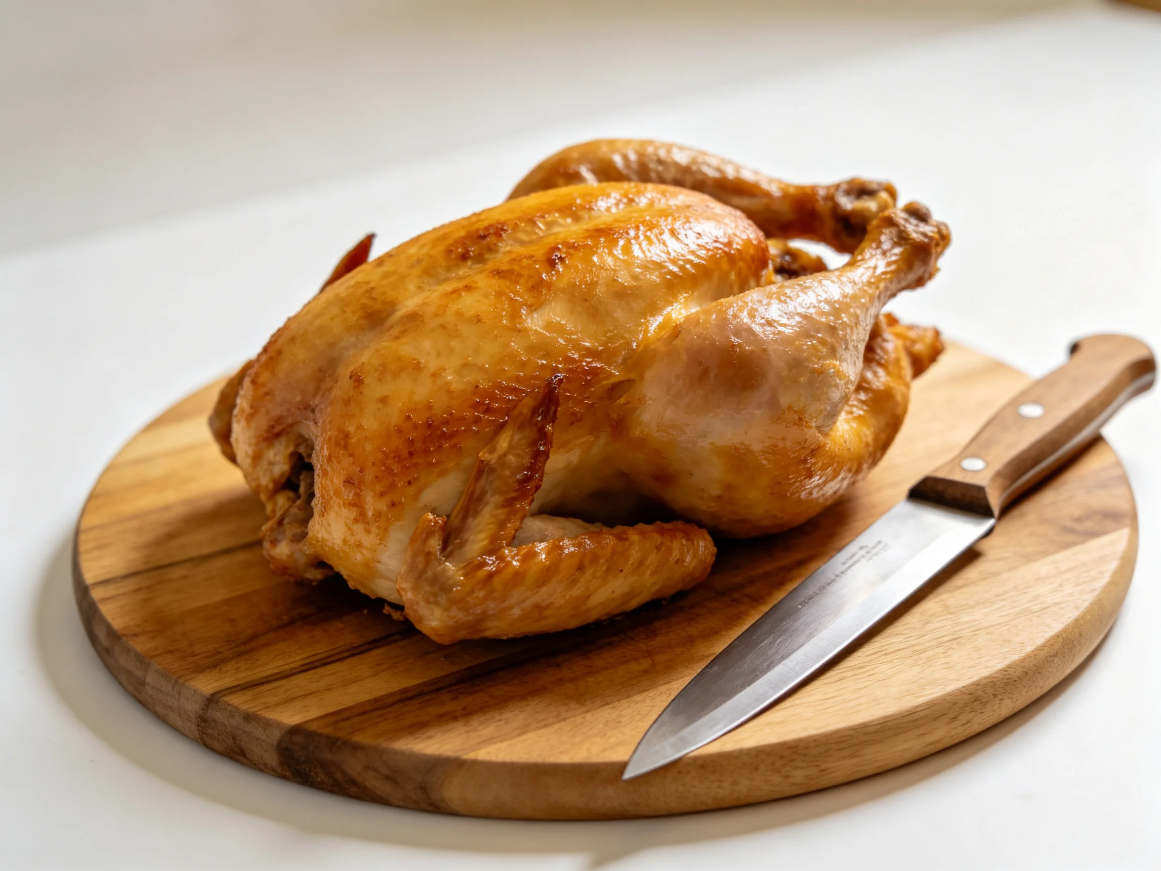 A golden-brown roasted chicken on a round wooden cutting board