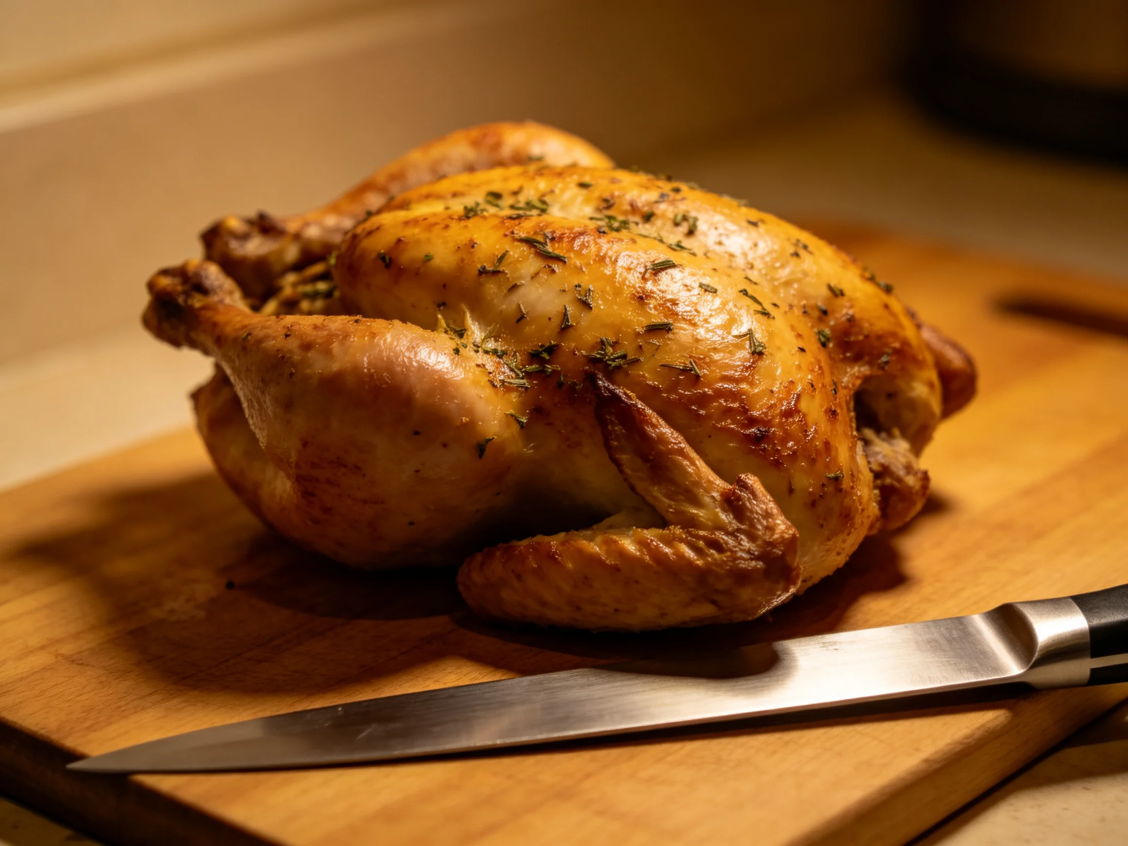 A golden-brown roasted chicken on a wooden cutting board with a chefs knife