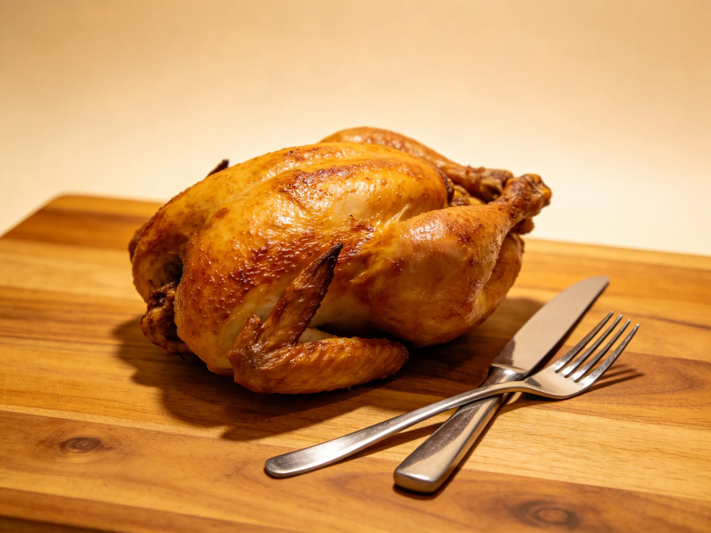 A golden-brown roasted chicken on a wooden cutting board with utensils