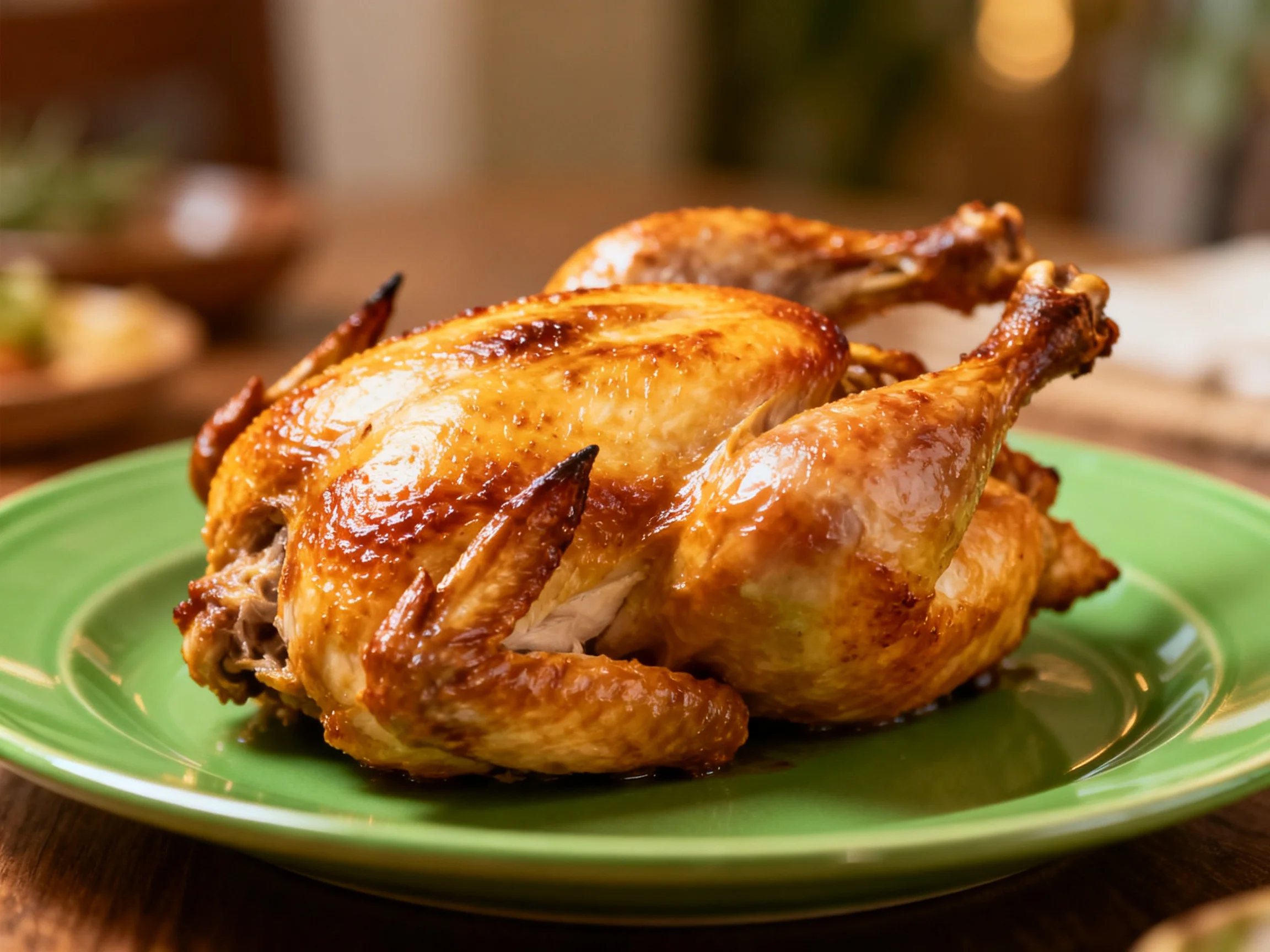 A golden-brown roasted chicken served on a vibrant green plate