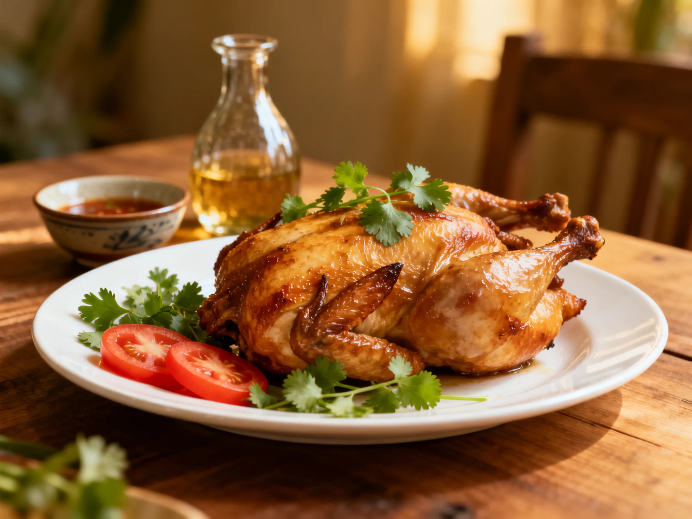 A golden-brown roasted chicken served with tomatoes and herbs