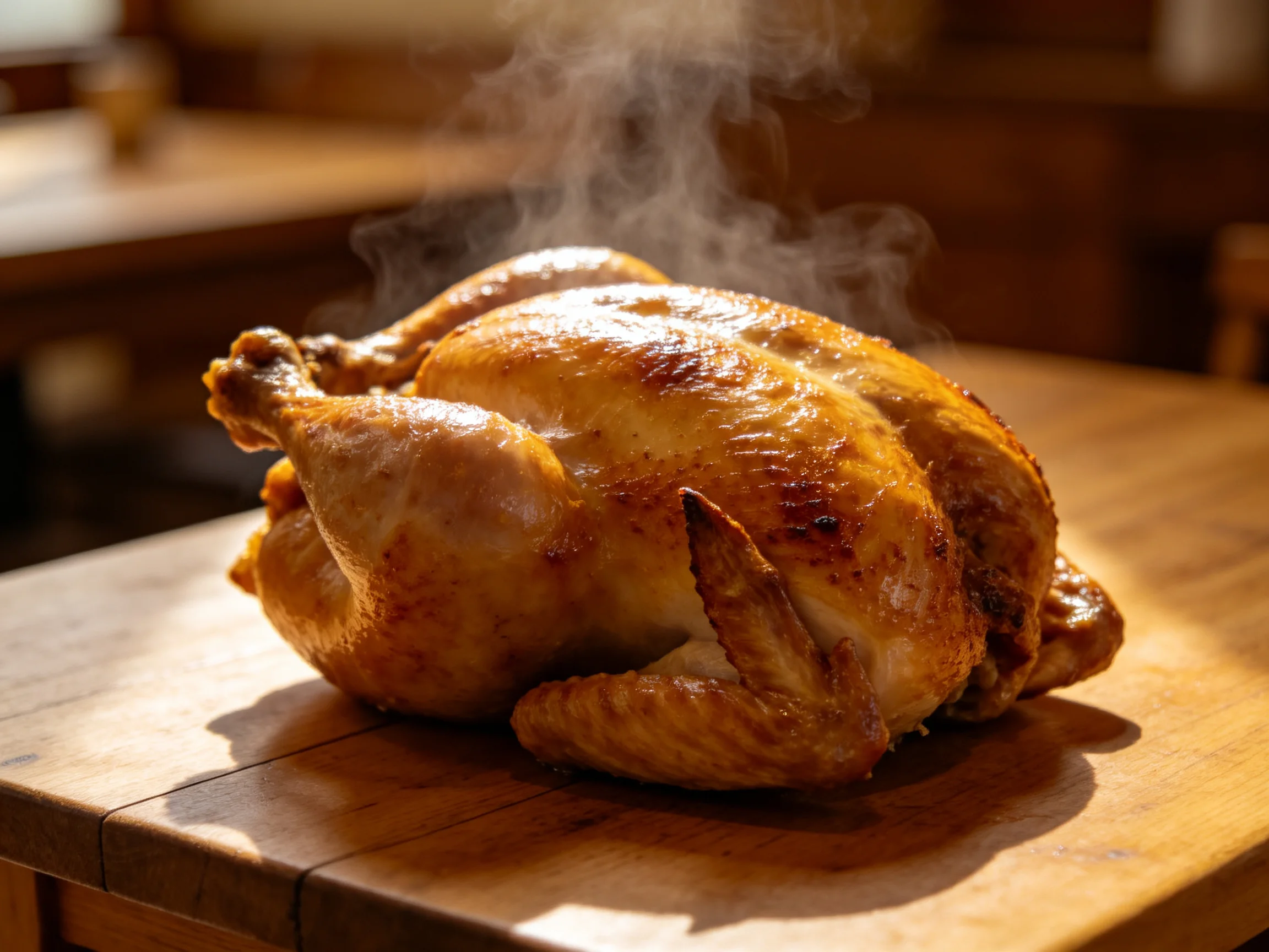 A golden-brown roasted chicken steaming on a wooden cutting board