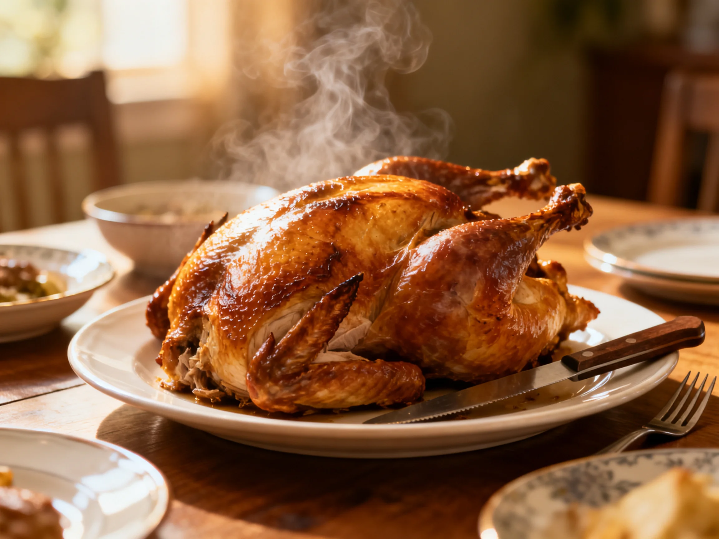 A golden-brown roasted chicken steaming on a wooden dining table