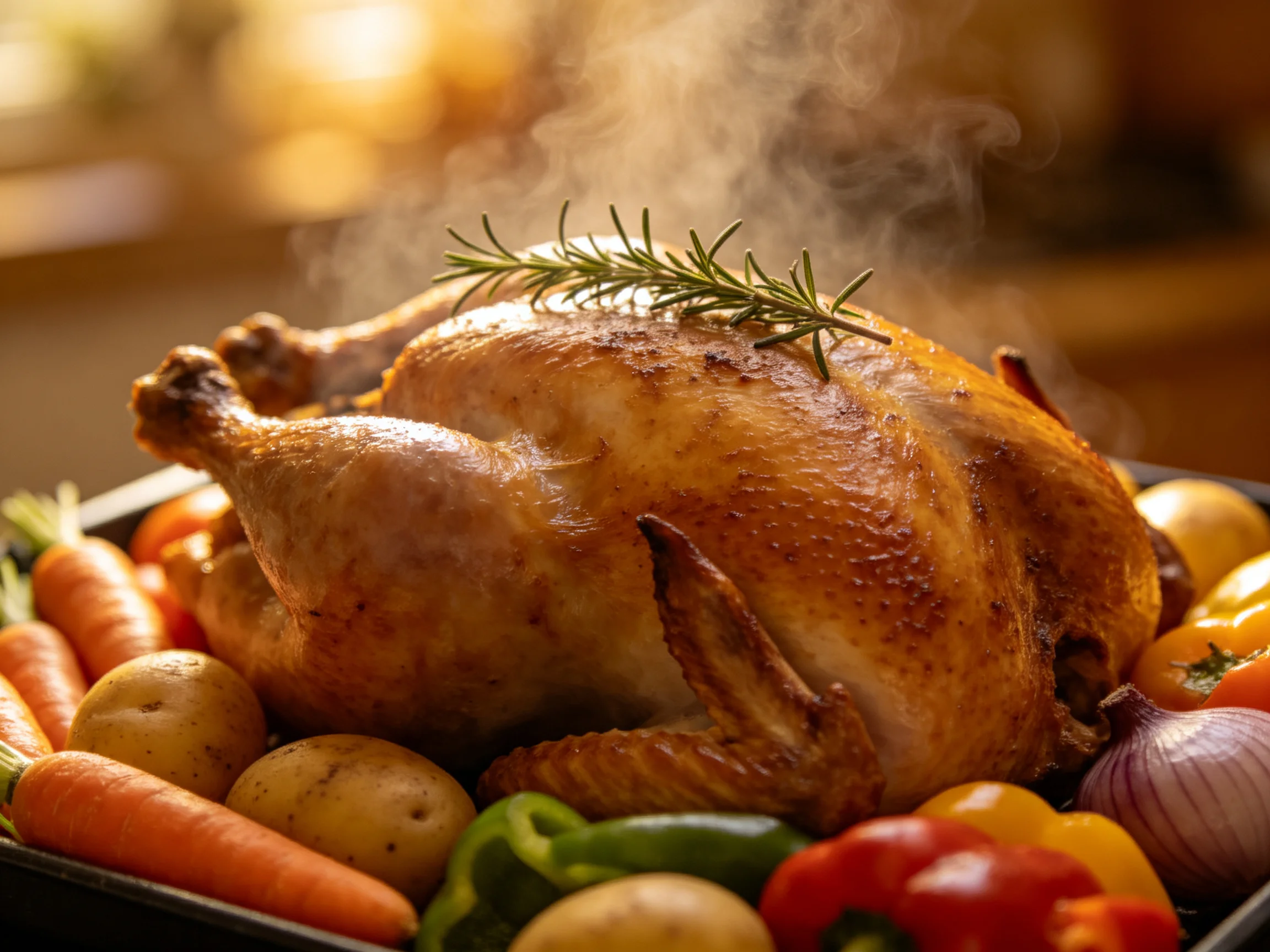 A golden-brown roasted chicken surrounded by colorful vegetables
