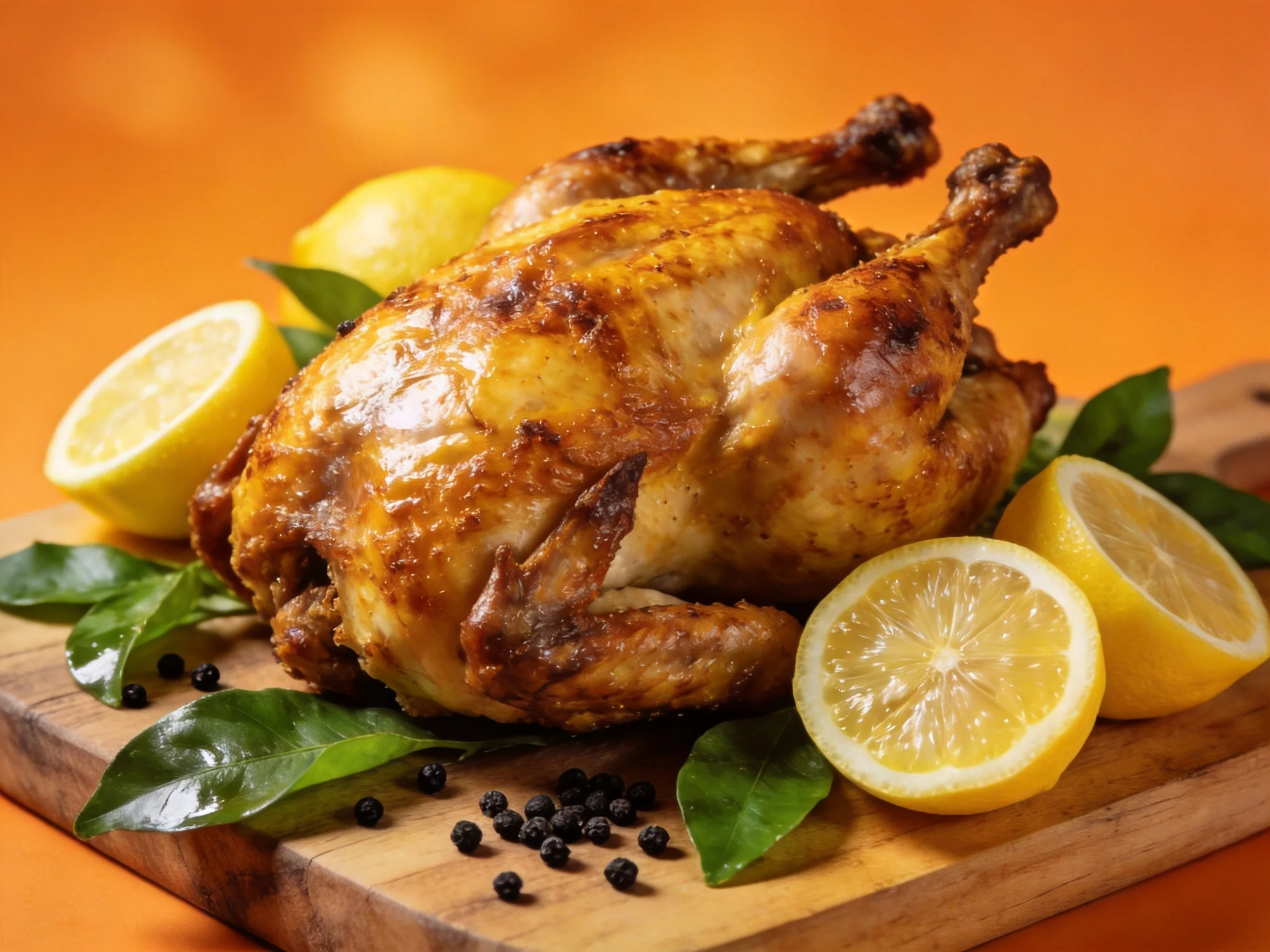 A golden-brown roasted chicken with fresh lemons and bay leaves