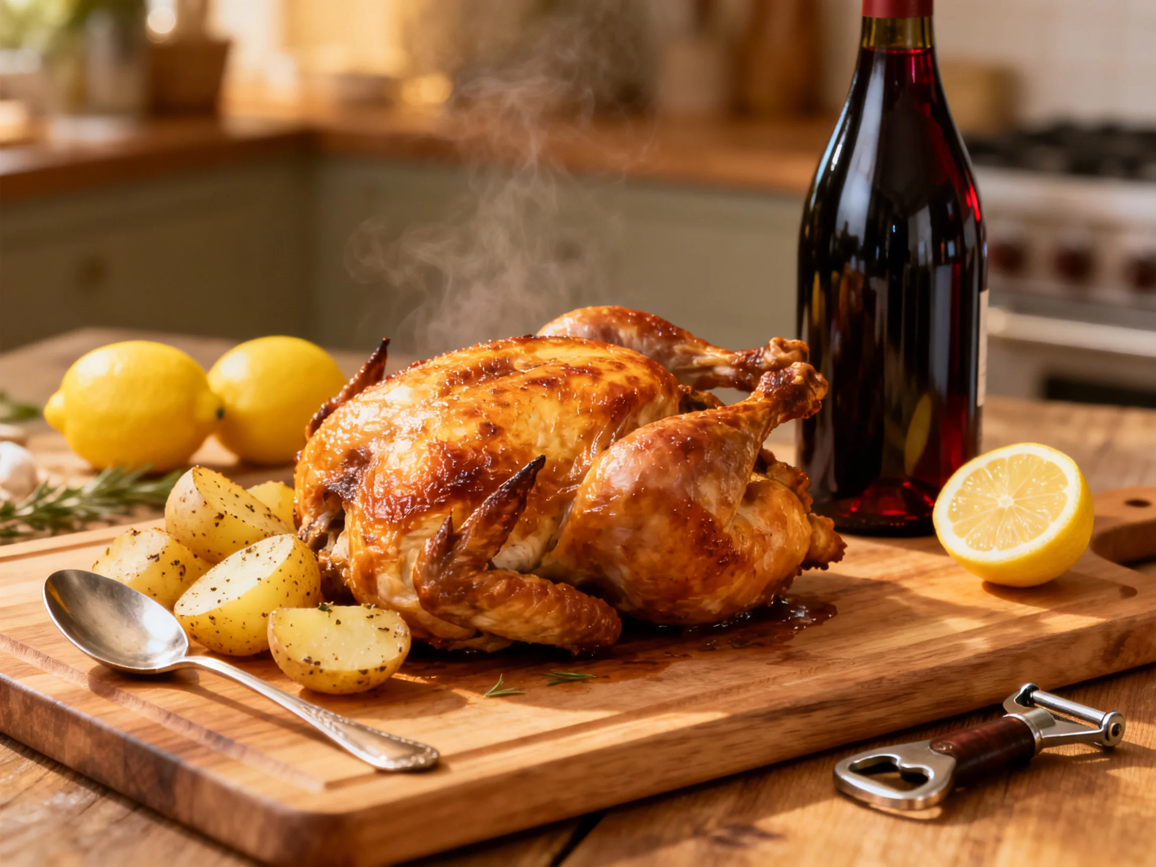 A golden-brown roasted chicken with lemon potatoes and red wine