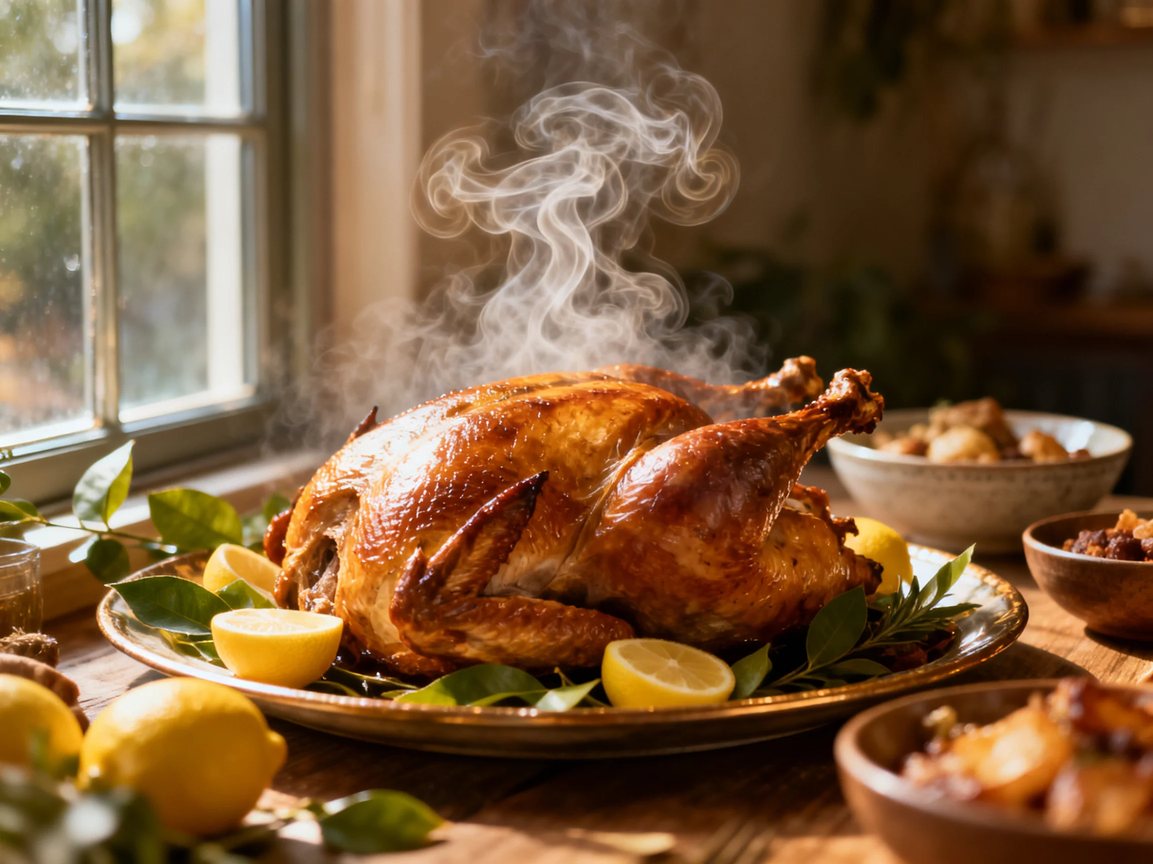 A golden-brown roasted chicken with lemon slices and herbs