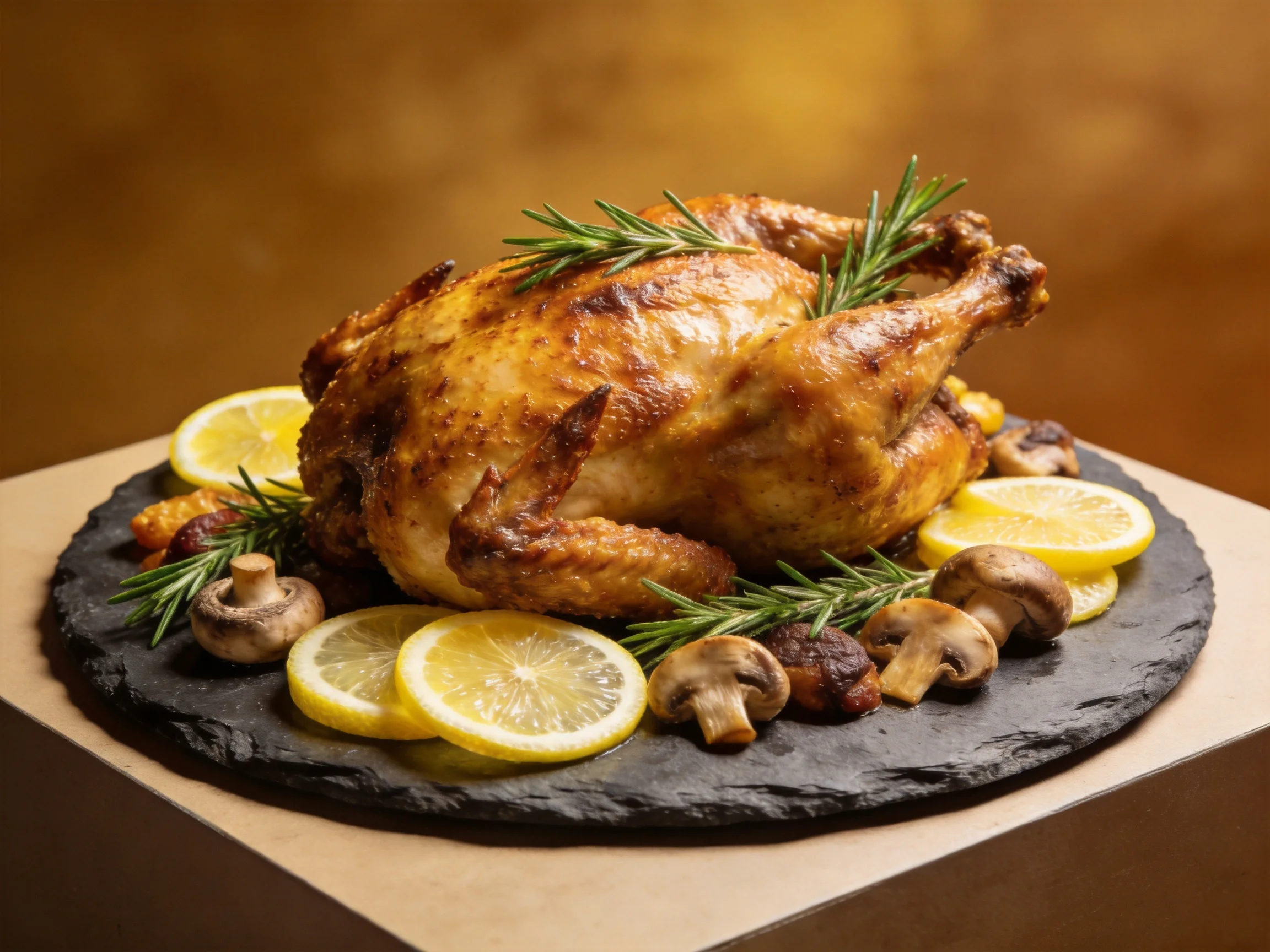 A golden-brown roasted chicken with lemon slices, mushrooms, and rosemary