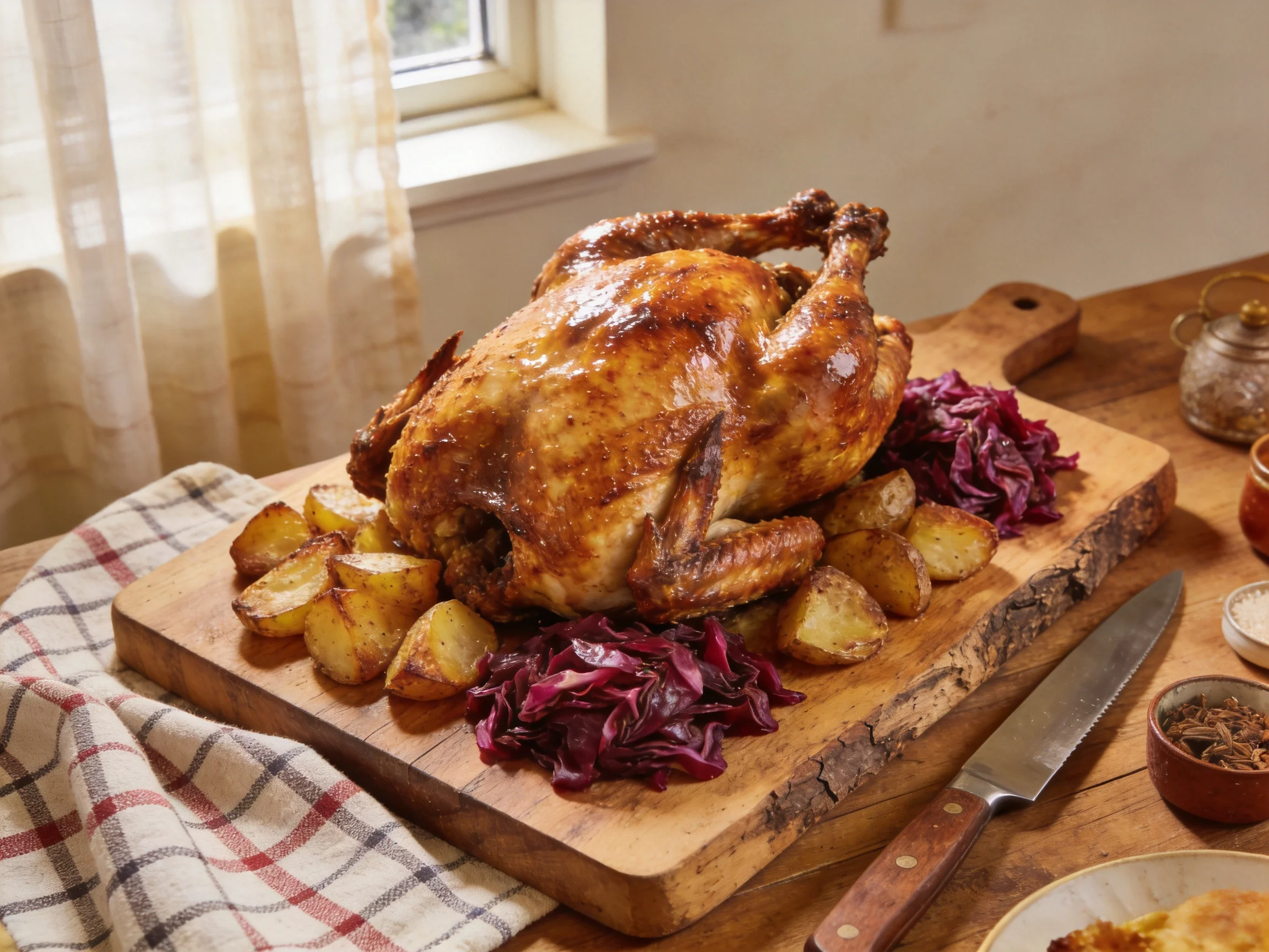A golden-brown roasted chicken with roasted potatoes and red cabbage on a wooden serving board