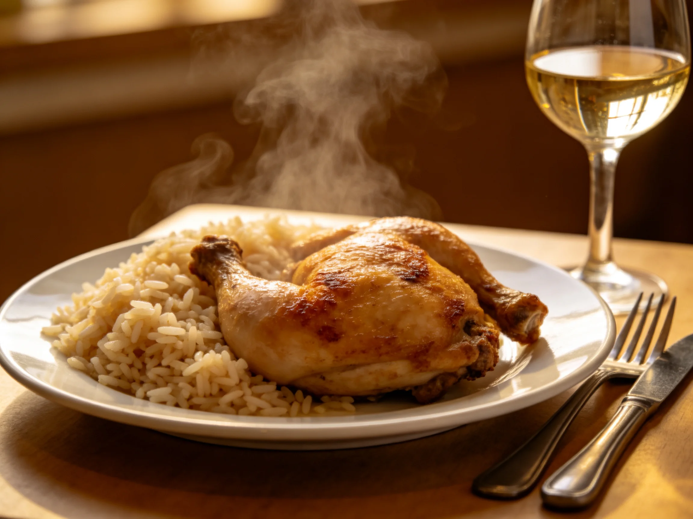 A golden-brown roasted chicken with steaming rice and white wine